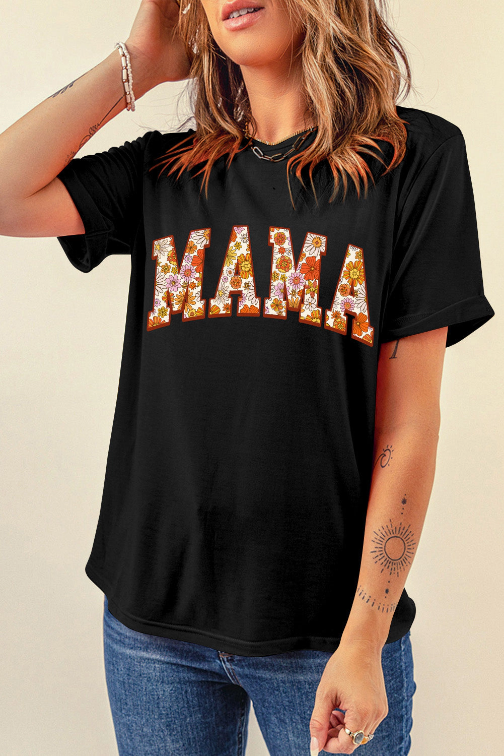 Threaded Pear Women's Sunny Flower MAMA Letter Graphic Tee