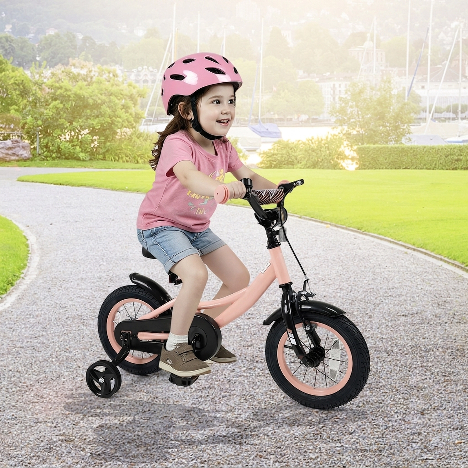 SUGIFT Adjustable Kids Bike with Removable Training Wheels 145-lb Capacity Ages 3-8 Pink
