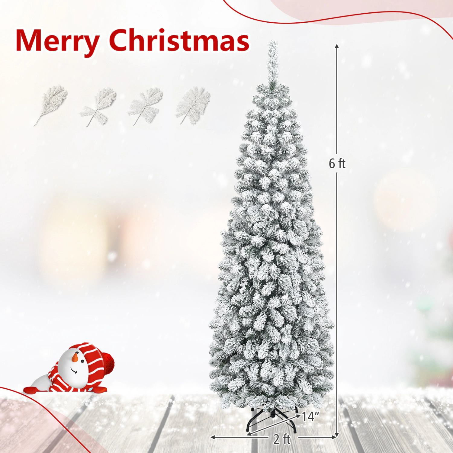 LJG 6 Feet Unlit Hinged Snow Flocked Artificial Pencil Christmas Tree with 500 Branch Tip