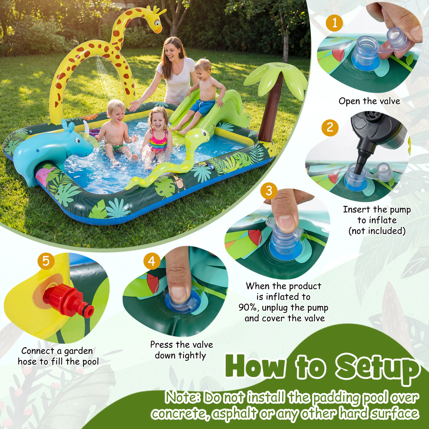 Hivvago Inflatable Play Center Jungle Animal Spray Pool with Slide Giraffe-shaped Sprinkle