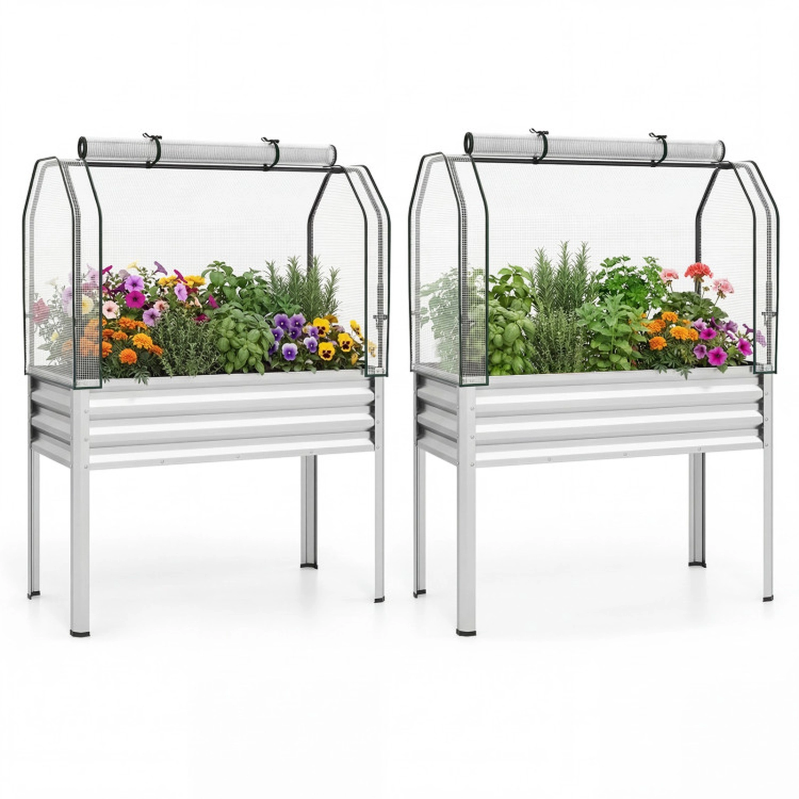 SUGIFT Set of 2 Silver Galvanized Raised Garden Beds with PE Greenhouse Covers 44-in W 22-in D 60-in H