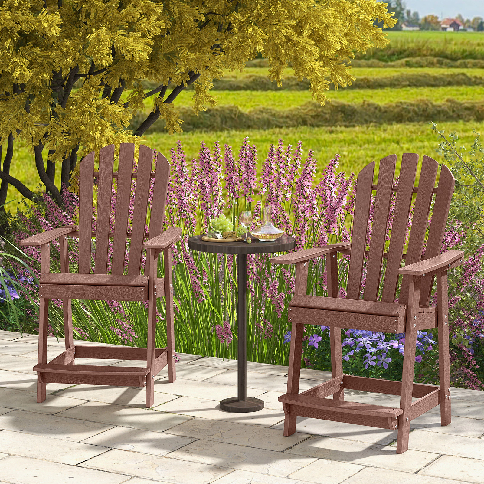 SUGIFT Counter-Height Bar Stool, HDPE Indoor-Outdoor Chair with Arms, Footrest and Backrest, Coffee