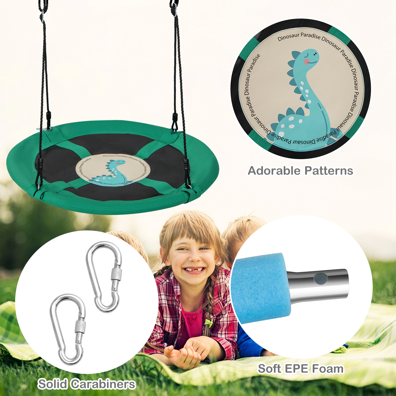 SUGIFT 40-in Round Saucer Tree Swing with Adjustable Ropes and Carabiners 220-lb Capacity Ages 3+ Green