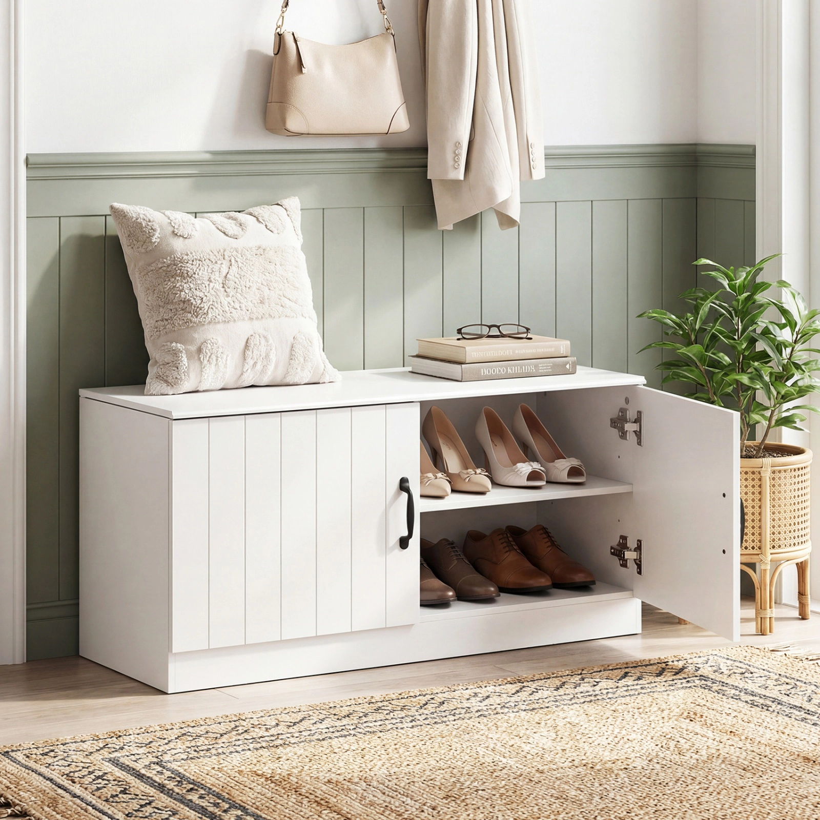 SUGIFT 2-Door Shoe Bench Shoe Storage Cabinet with Adjustable Shelves 300-lb Top Capacity 44-lb Shelf Capacity White