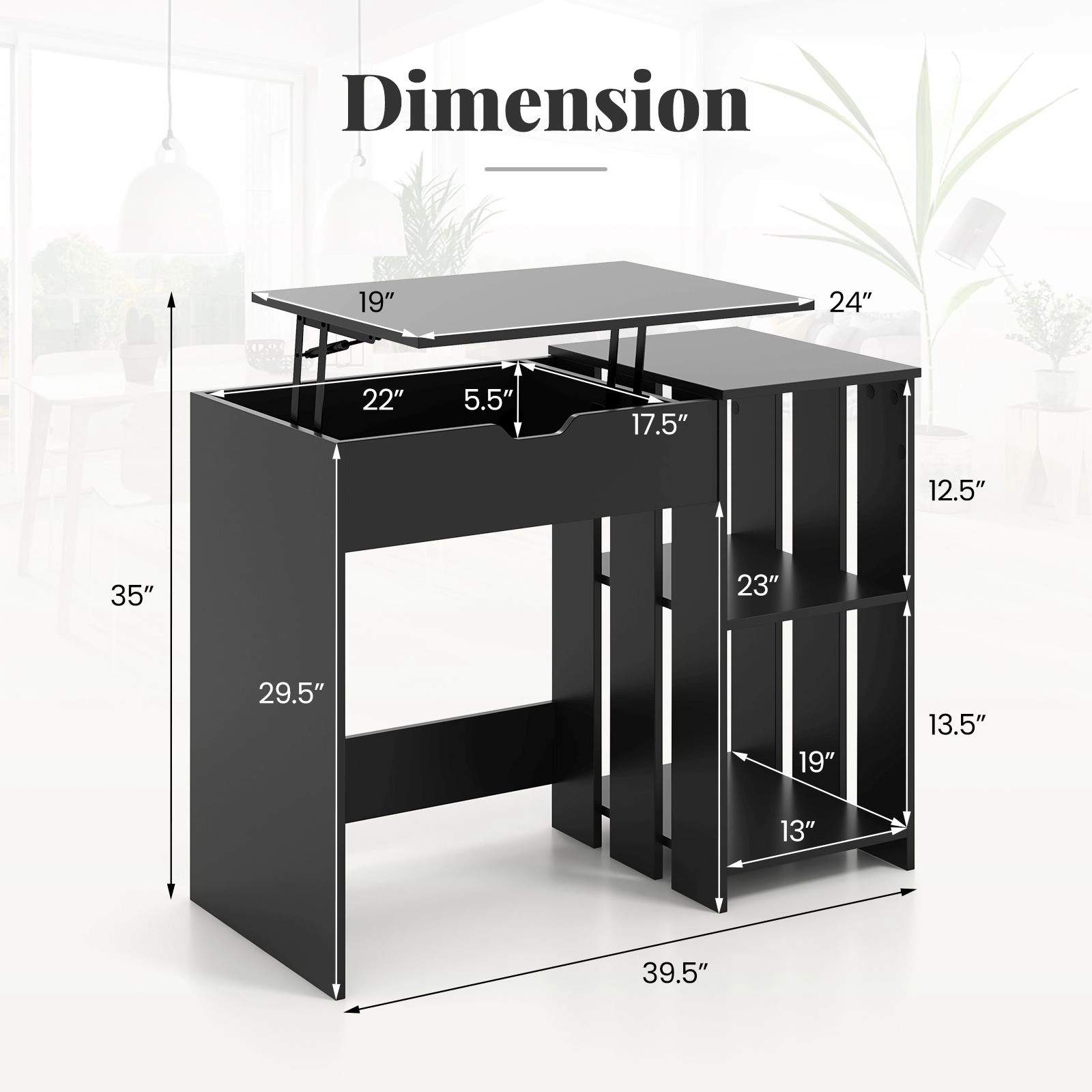 SlickBlue Black Lift Top Writing Desk with Upper & Lower Shelves