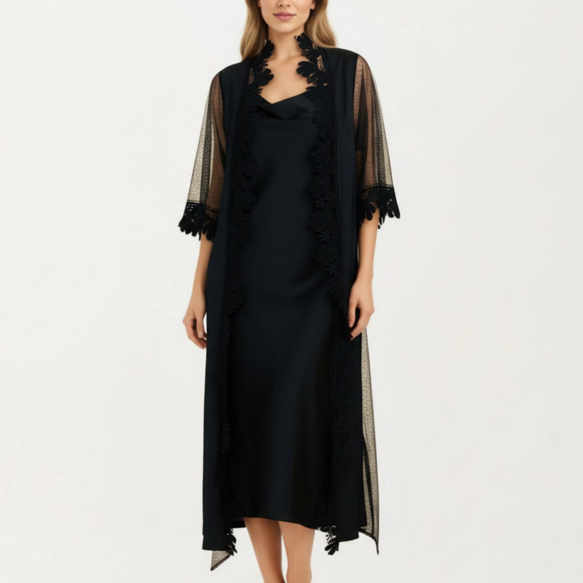 Anna-Kaci Women's 2-Piece Smooth Sleepwear Slip Dress with Sheer Lace Trim Robe Lightweight Long Nightgown Set