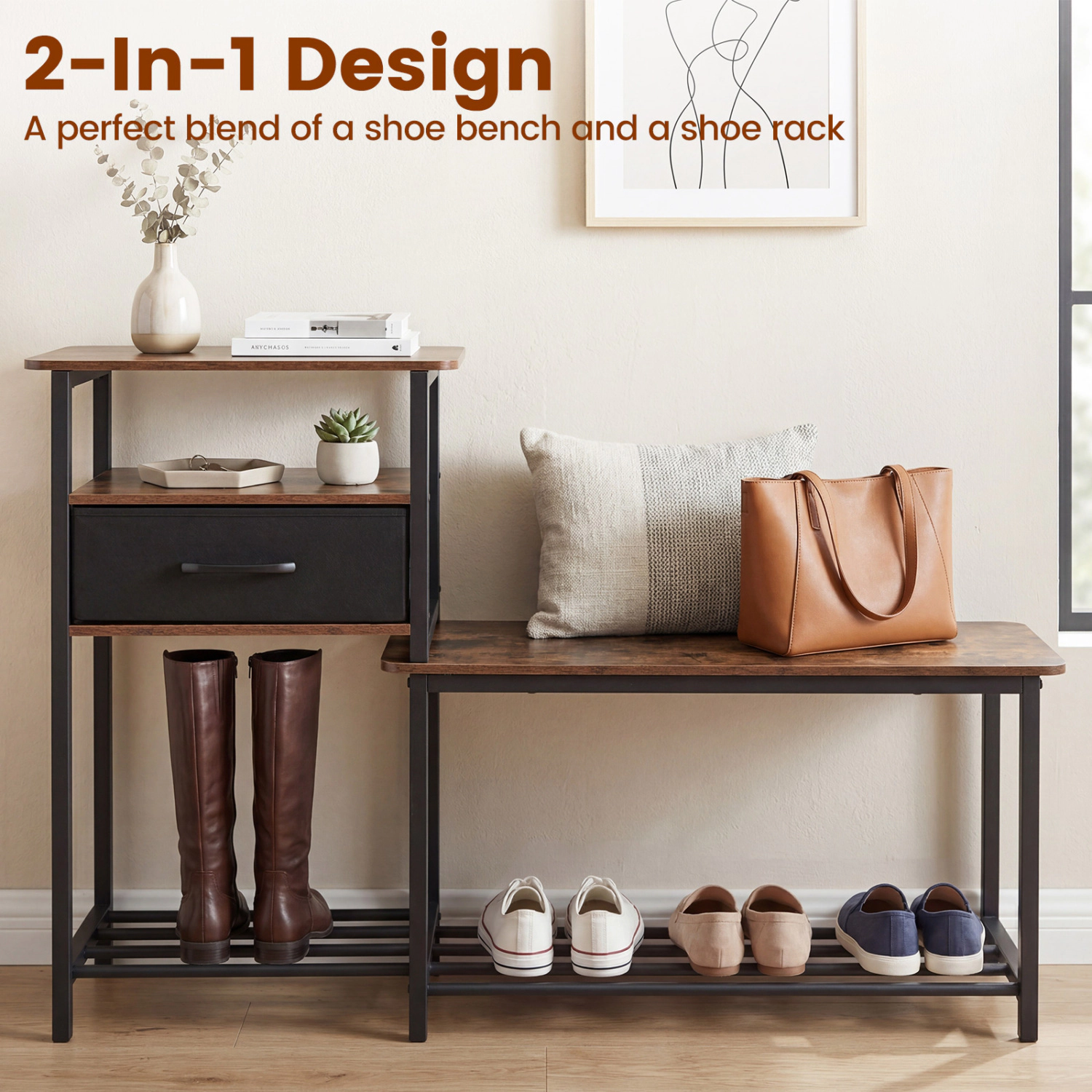 Glintex 2-in-1 Shoe Rack and Bench with Wire Shelves and Fabric Drawer, Rustic Brown
