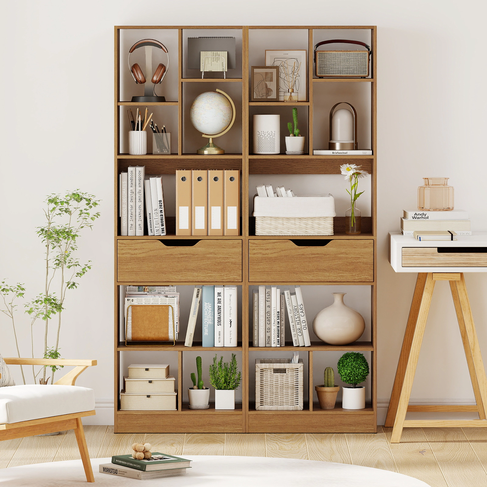 SUGIFT 61-in Tall Freestanding Bookcase with Drawer 8-Cube Storage Organizer 187-lb Total Capacity Natural/White