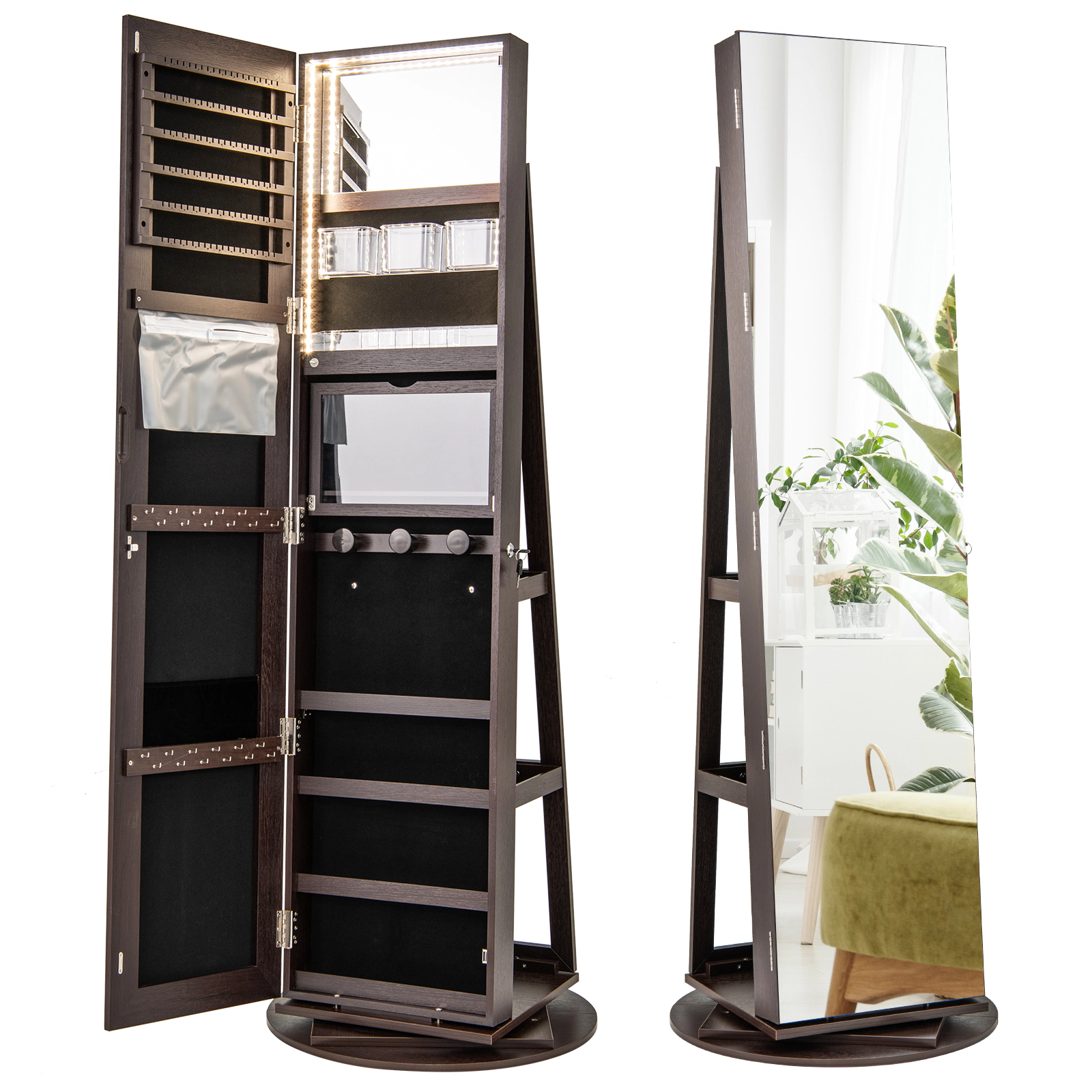 SUGIFT 360 Degree Rotating Jewelry Armoire Lockable Cabinet with LED Lights and Mirror