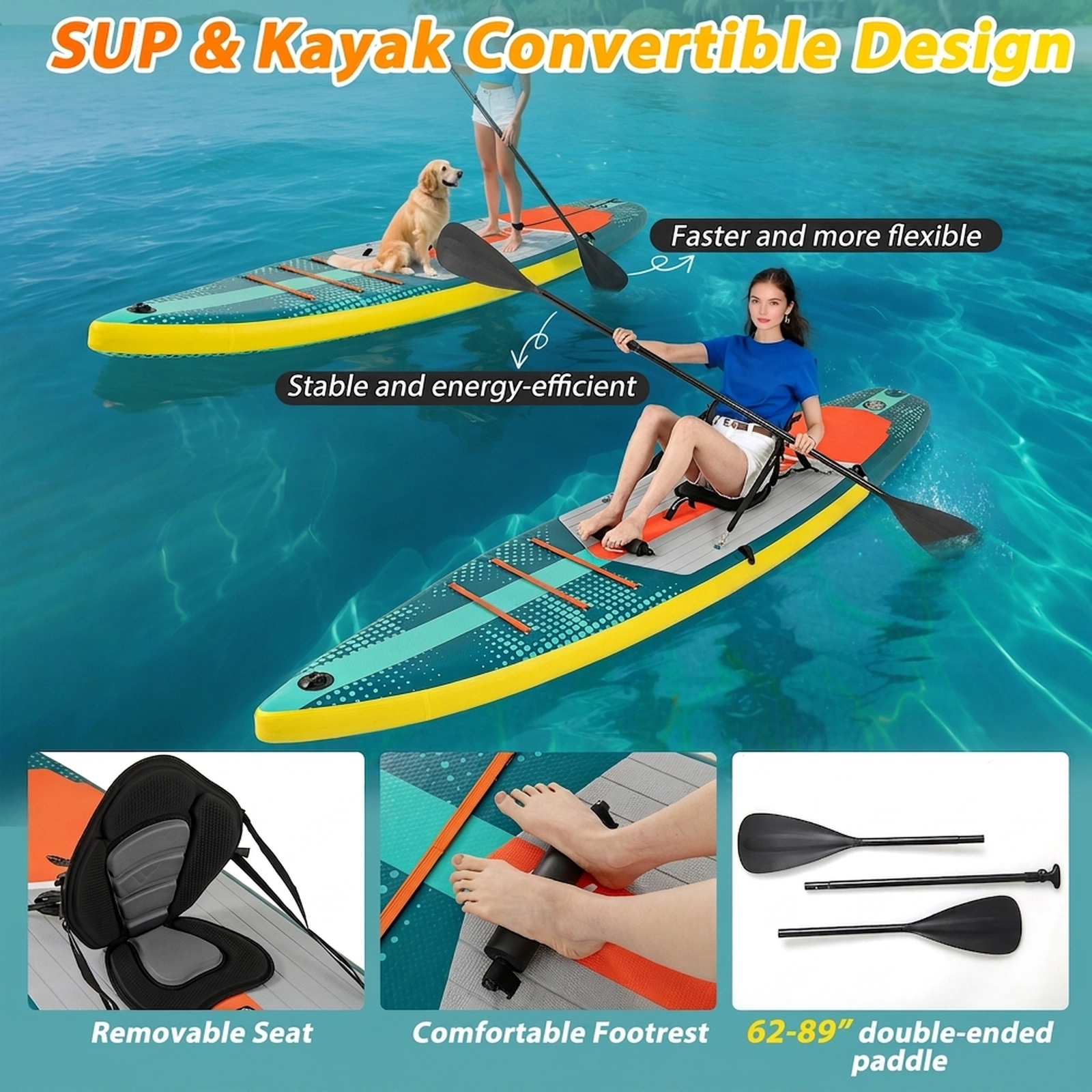 SUGIFT Adult Turquoise 11-ft Inflatable Paddle Board with Kayak Seat and Foot Pedal 32-in W 330-lb Rider Capacity