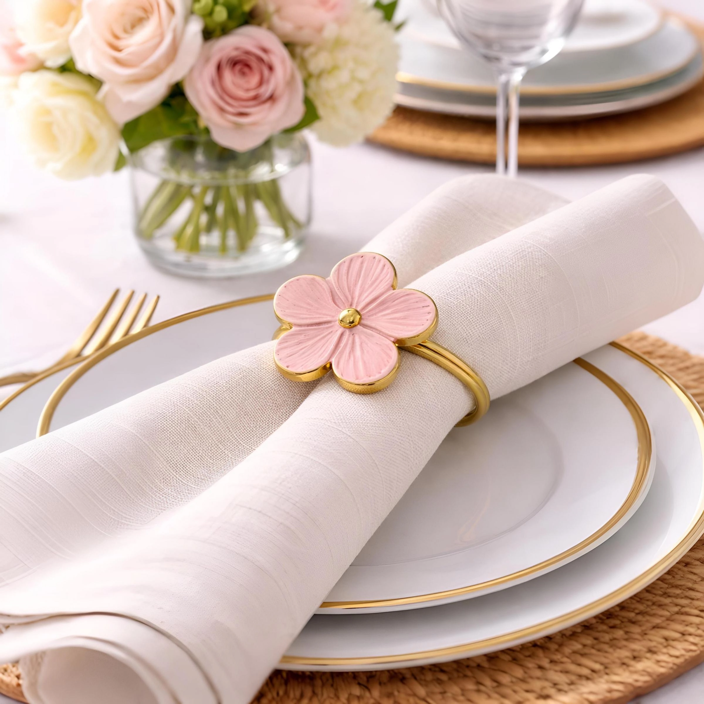 Dainty Home Pink Enamel Flower Napkin Rings Set of 4, Gold Metal Floral Table Décor
