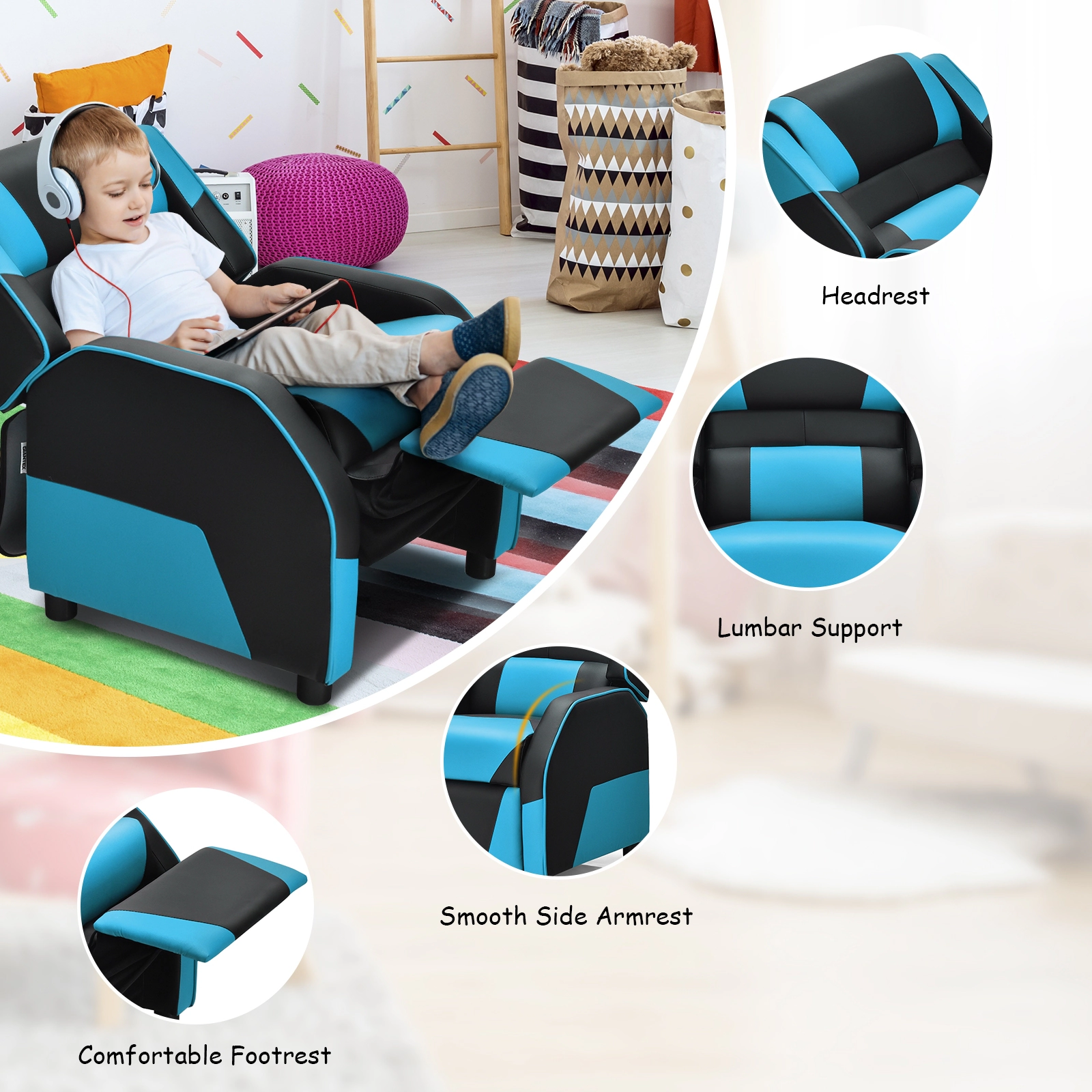 SUGIFT Blue Headrest Lumbar Support and Footrest Kids Youth PU Leather Gaming Recliner