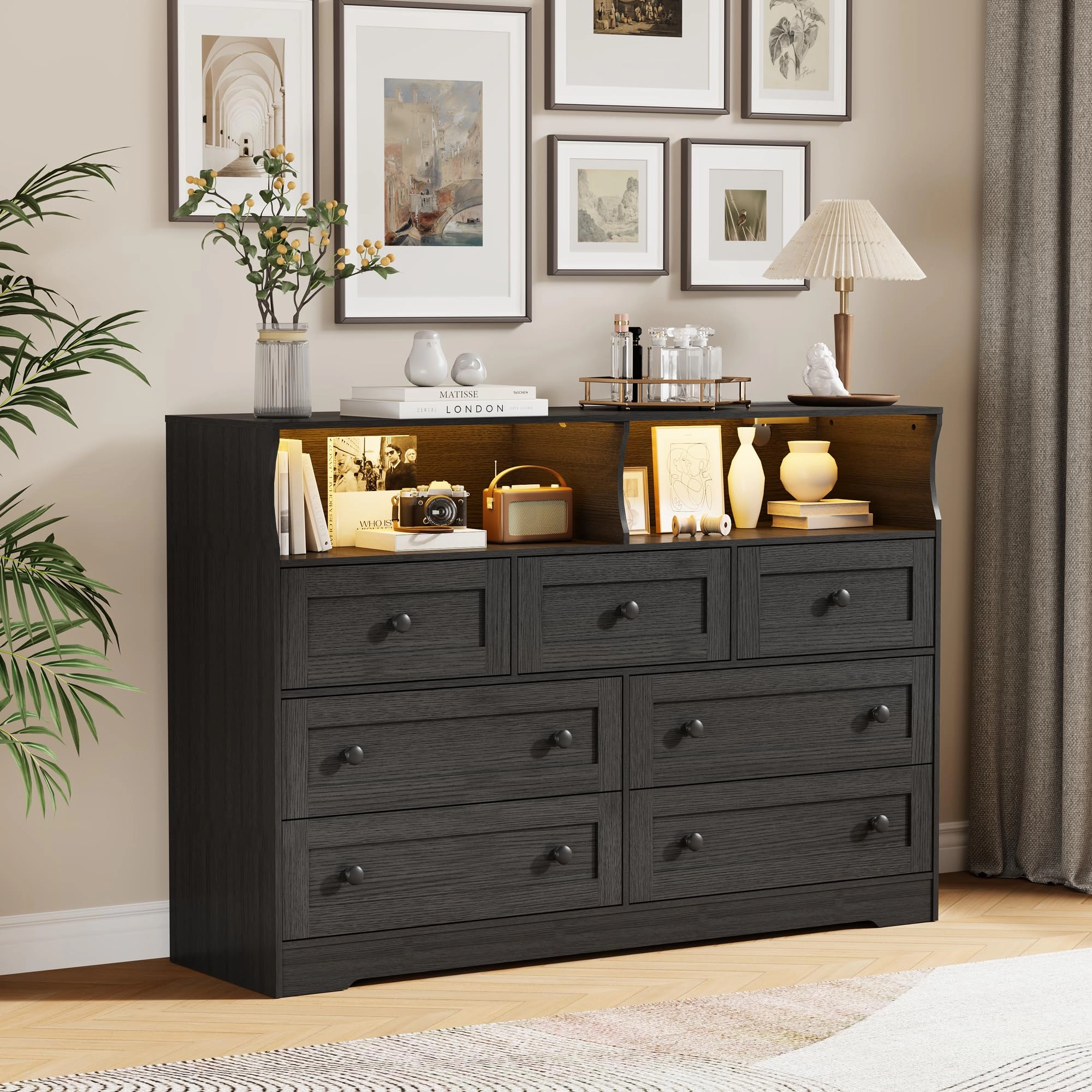 7 Drawer Dresser with LED Lights & Charging Station, Wood Storage Chest with Open Shelves