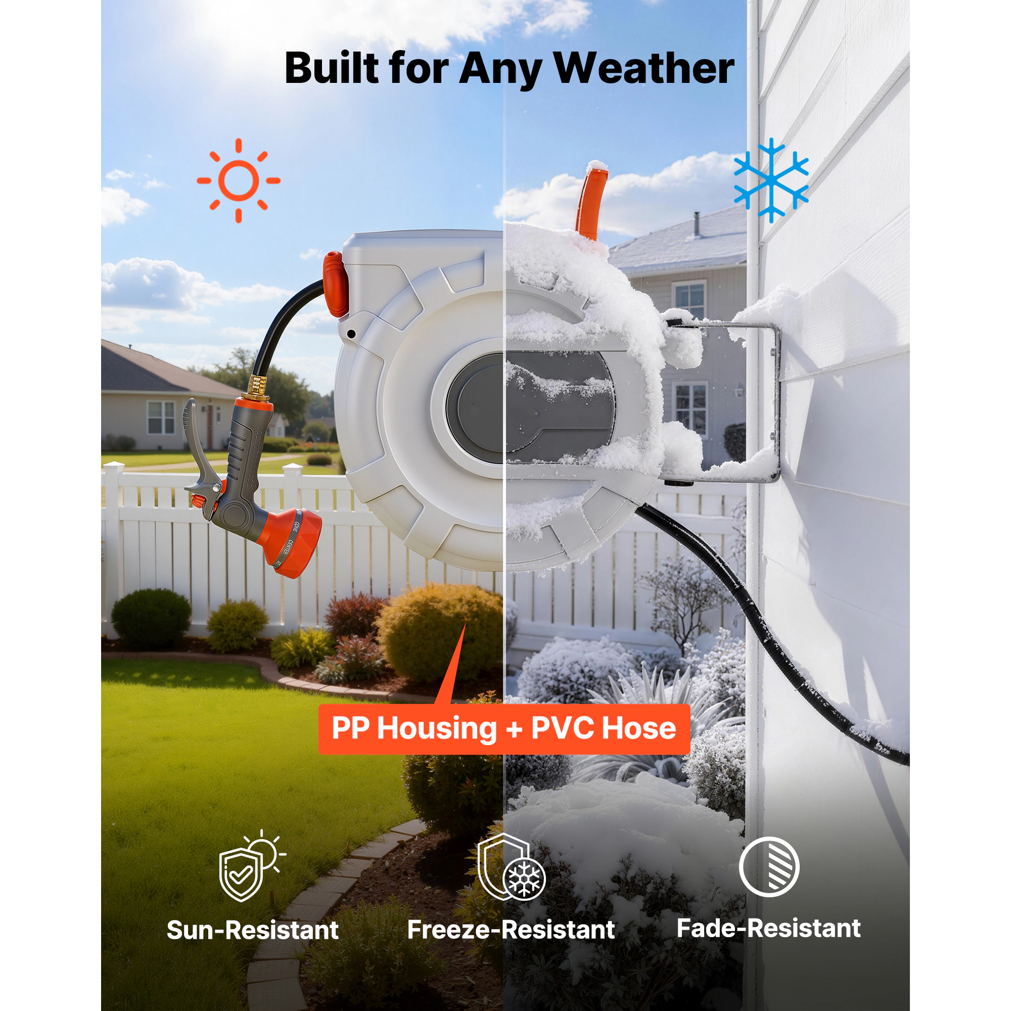 HONGGE Retractable Garden Hose Reel, 50 ft x 1/2 in, Wall Mounted with 9-Pattern Nozzle and Slow Auto Rewind