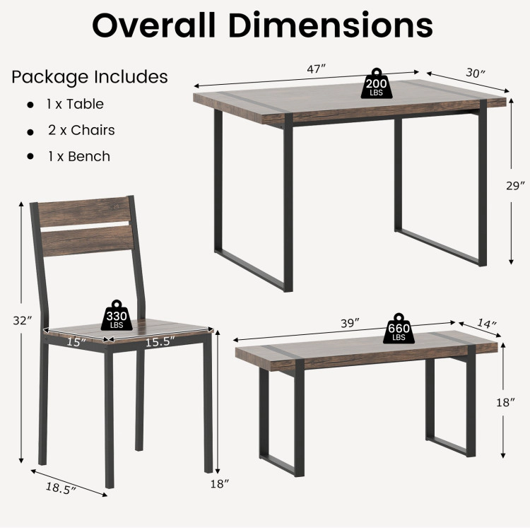 Hivvago 4-Piece Dining Table Set For 4 With 1 Bench And 2 Chairs