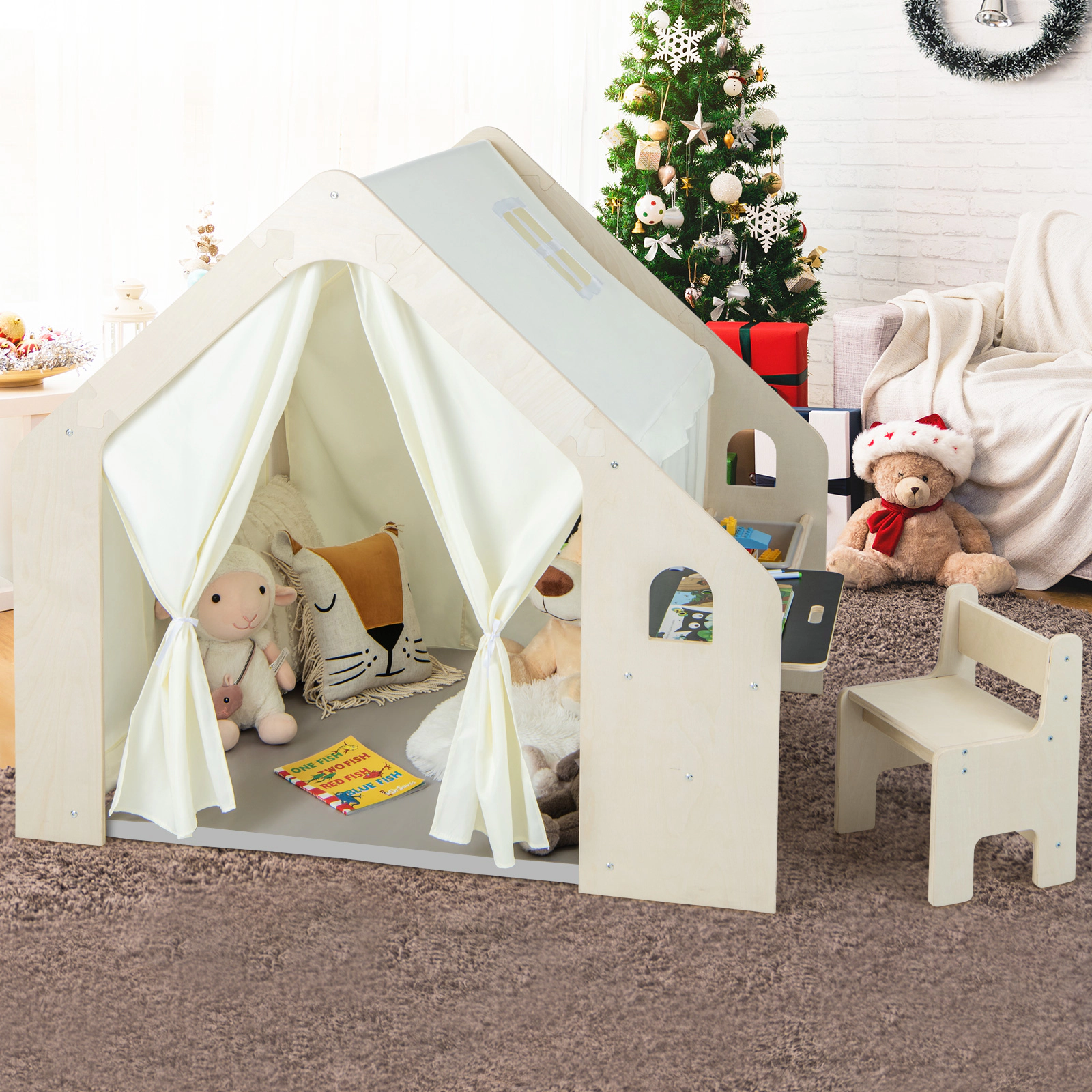 Toddler Play Tent Indoor Playhouse with Table Chair Chalkboard and Storage Bin 52-in x 38-in x 45-in Beige