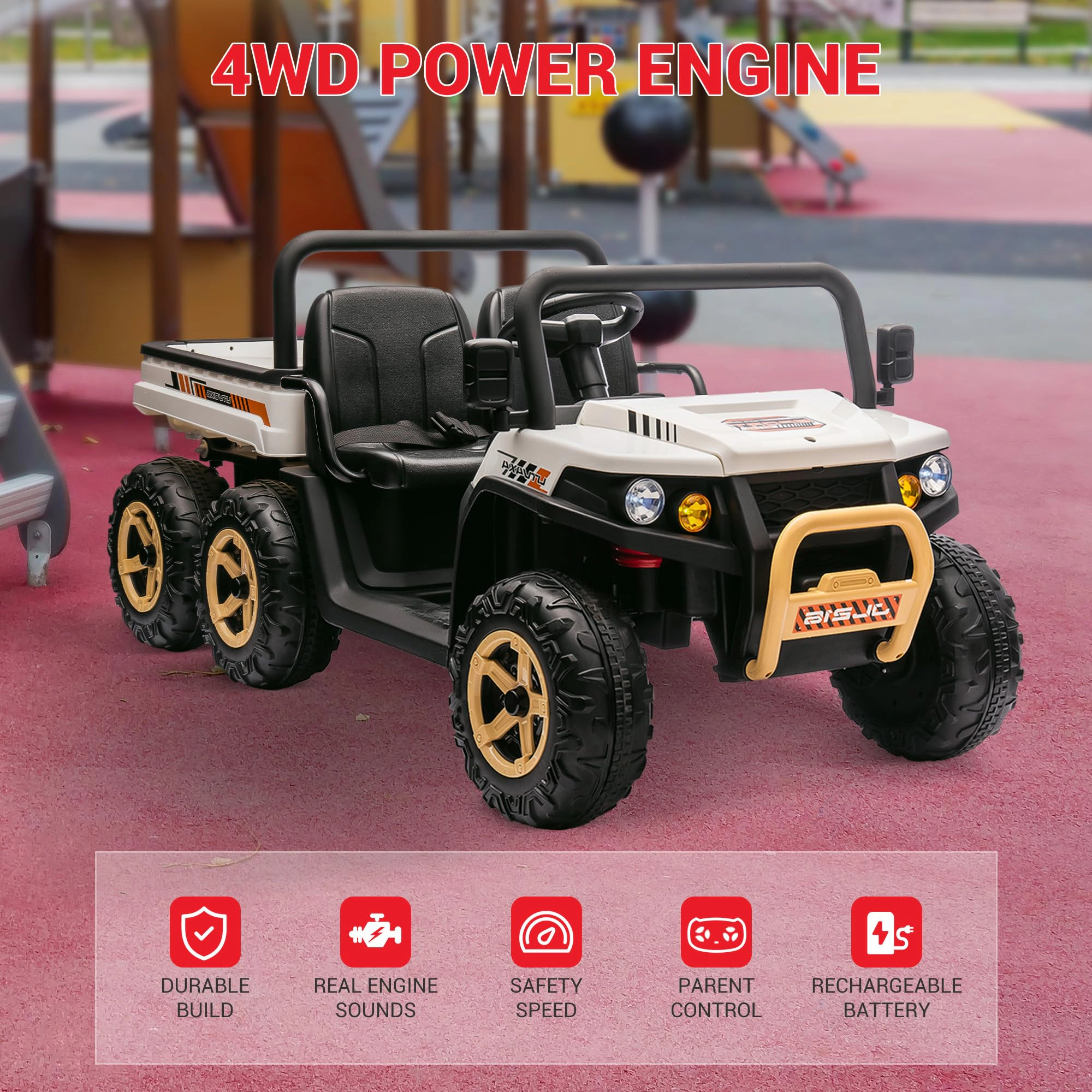 24V 6-Wheel Ride-on Dump Truck, 2-Seater 4WD Electric UTV with Remote, Dump Bed & Shovel, Music, LED