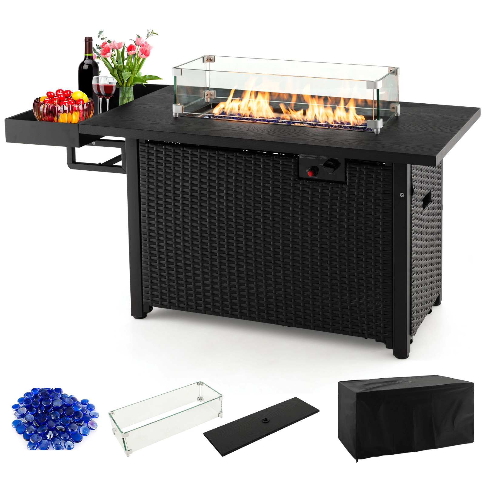 SUGIFT 52-in Rectangle 50000-BTU Propane Gas Fire Pit Table with Wicker Frame Wind Guard and Cover