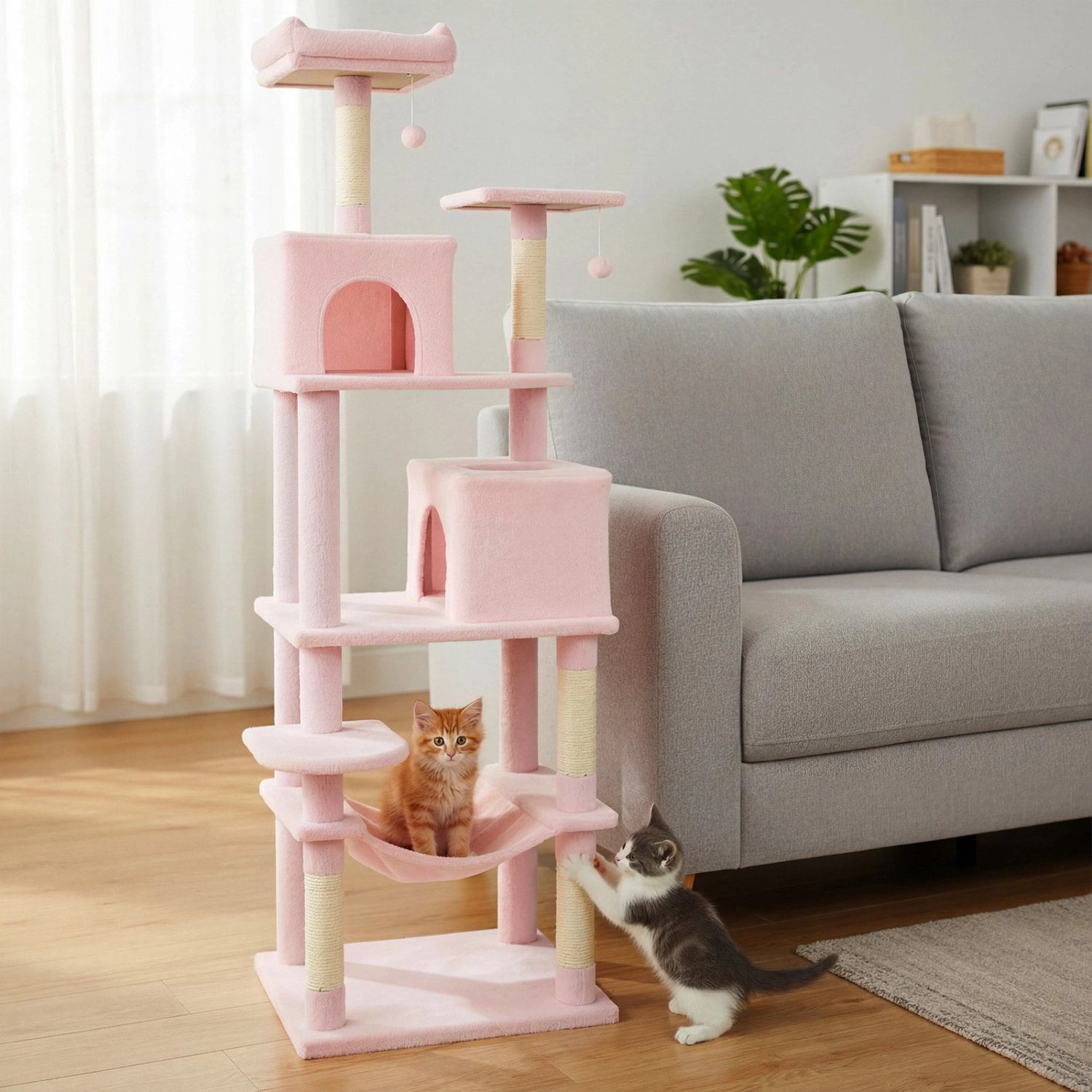 SUGIFT 58-in Pink Multi-Level Cat Tree Tower with 2 Condos Basket Hammock and Upholstered Top Perch
