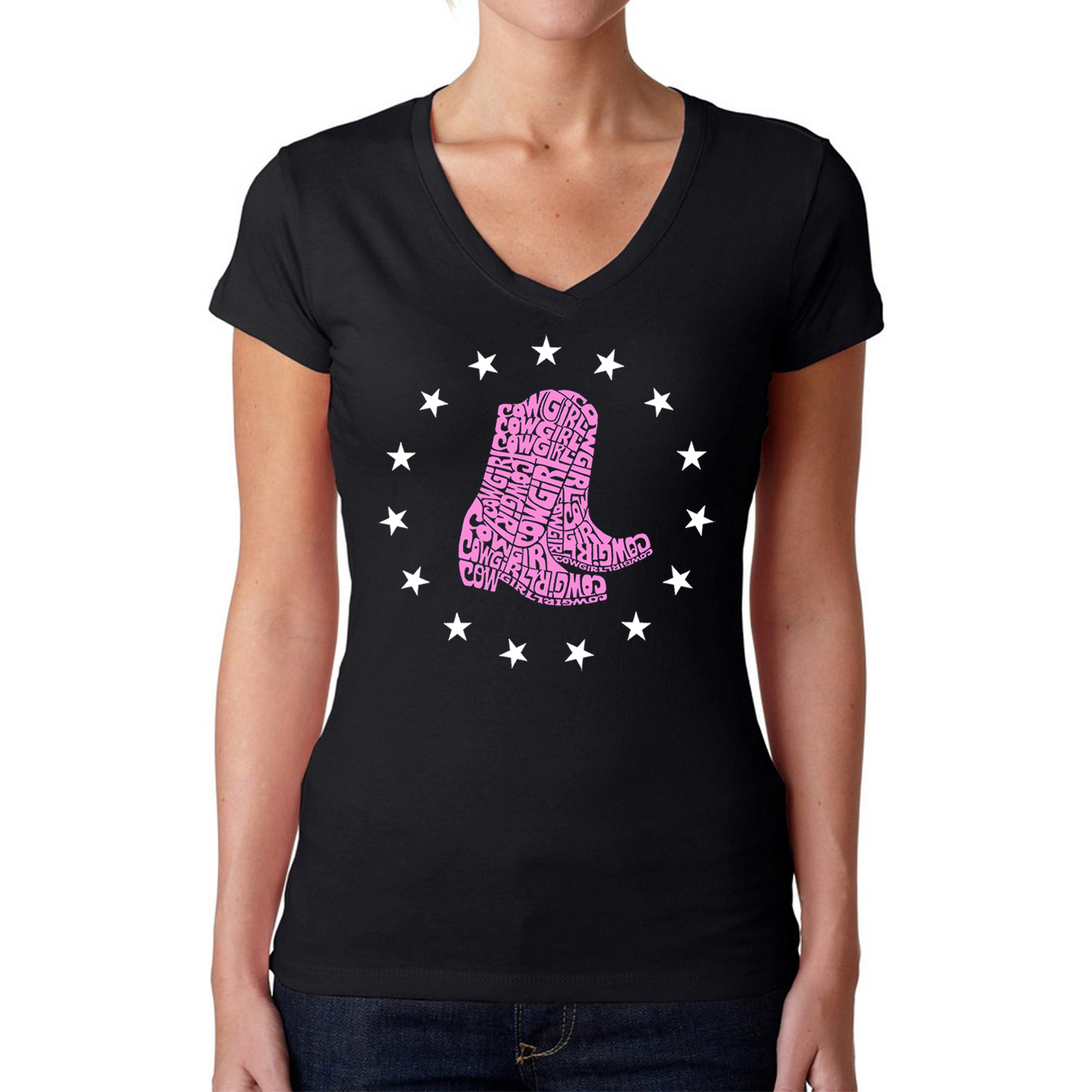 LA Pop Art Womens Word V-Neck T-Shirt - Cowgirl Boots