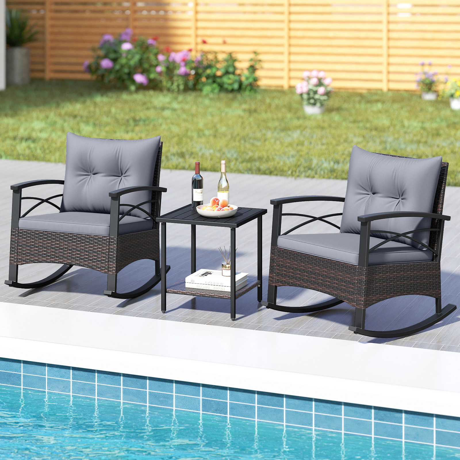 SUGIFT Gray 3-Piece Rattan Rocking Bistro Set with Anti-Rollover Chairs and 2-Tier Acacia Wood Table