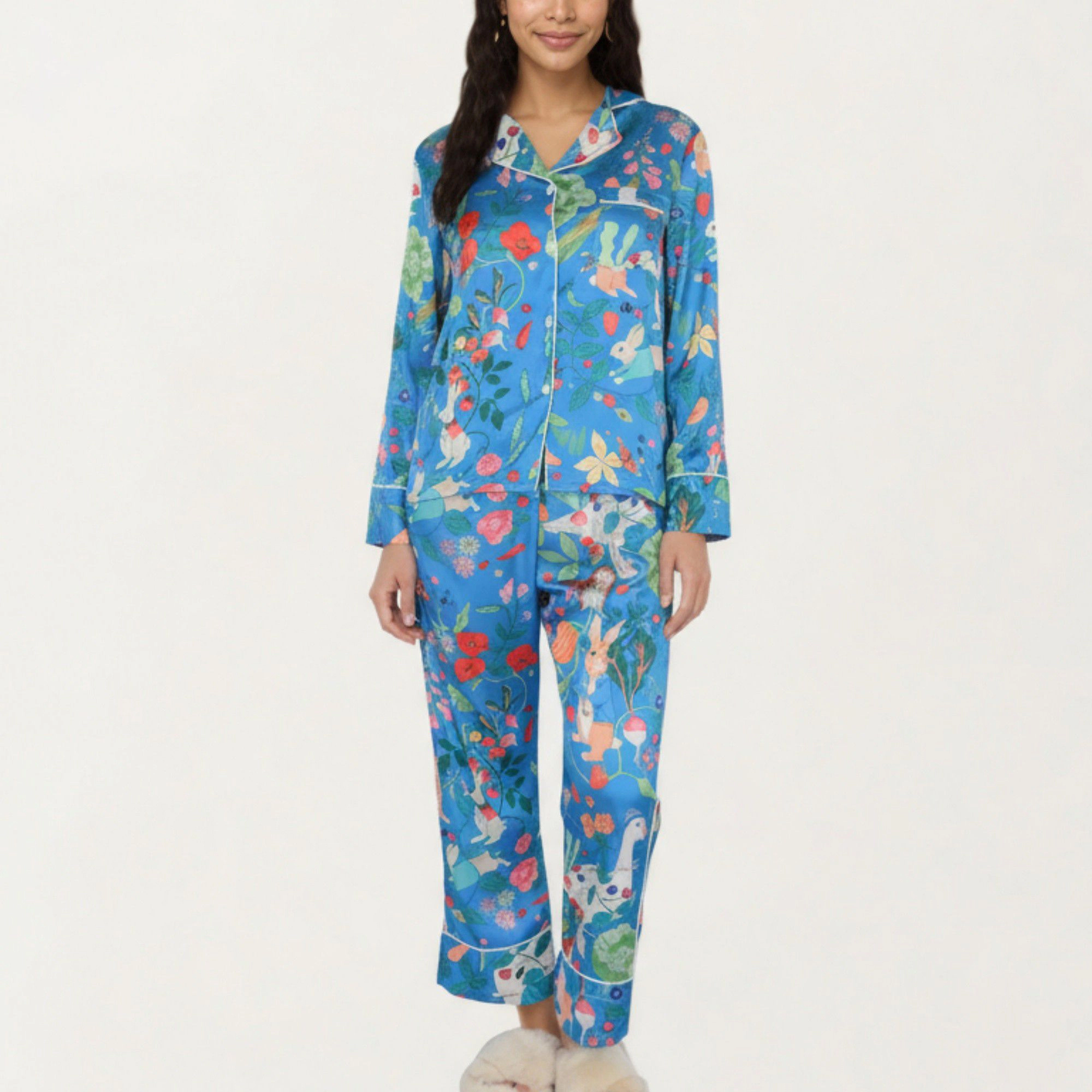 Anna-Kaci Women's 2-Piece Long Sleeve Button Front Pajama Set with Botanical Animal Print and Soft Silky Fabric