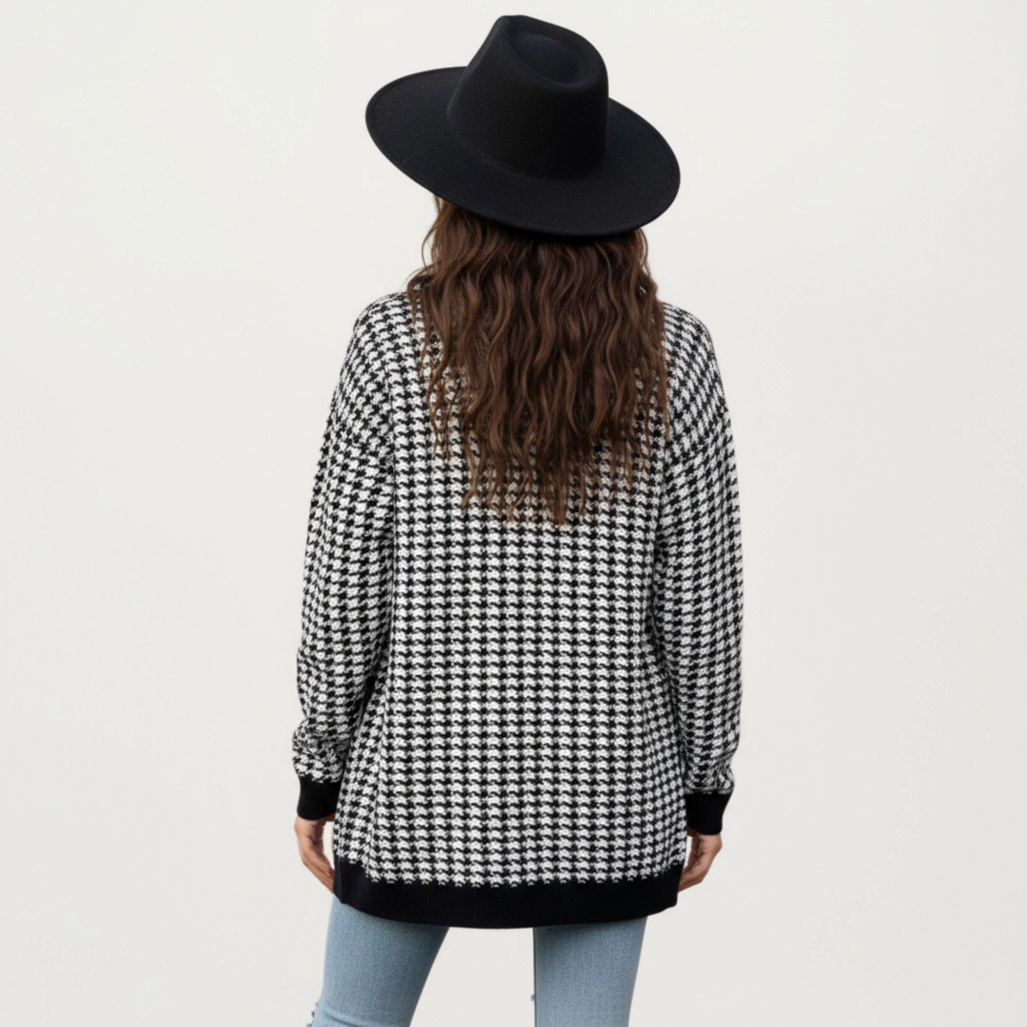 Anna-Kaci Women's Long Sleeve Houndstooth Knit Cardigan with Button Front and Pocket Detail