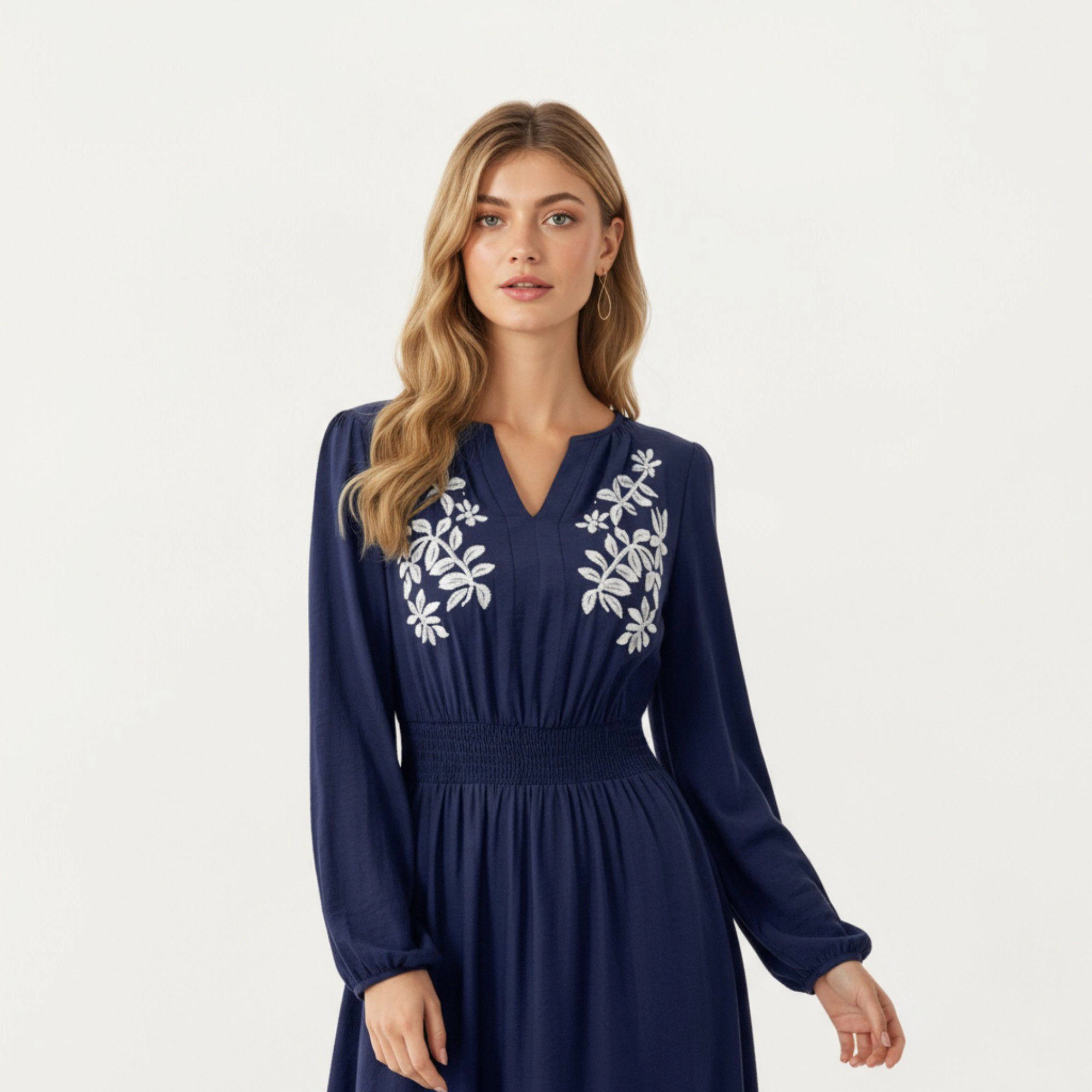 Anna-Kaci Women's Long Sleeve Embroidered Midi Dress with Smocked Waist and V-Neckline