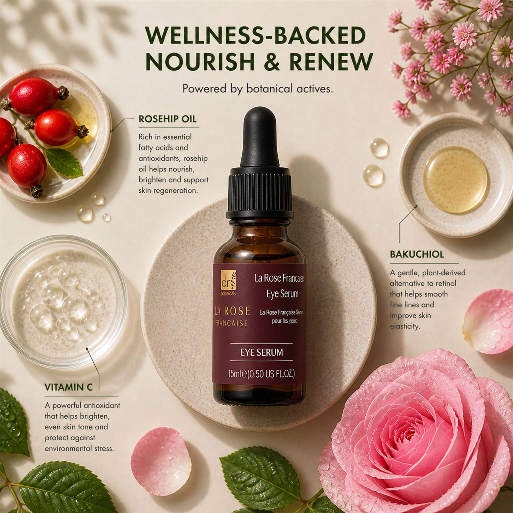 Dr Botanicals La Rose Française Eye Serum - Anti-Aging Bakuchiol & Vitamin E for Dark Circles and Puffiness 15ml