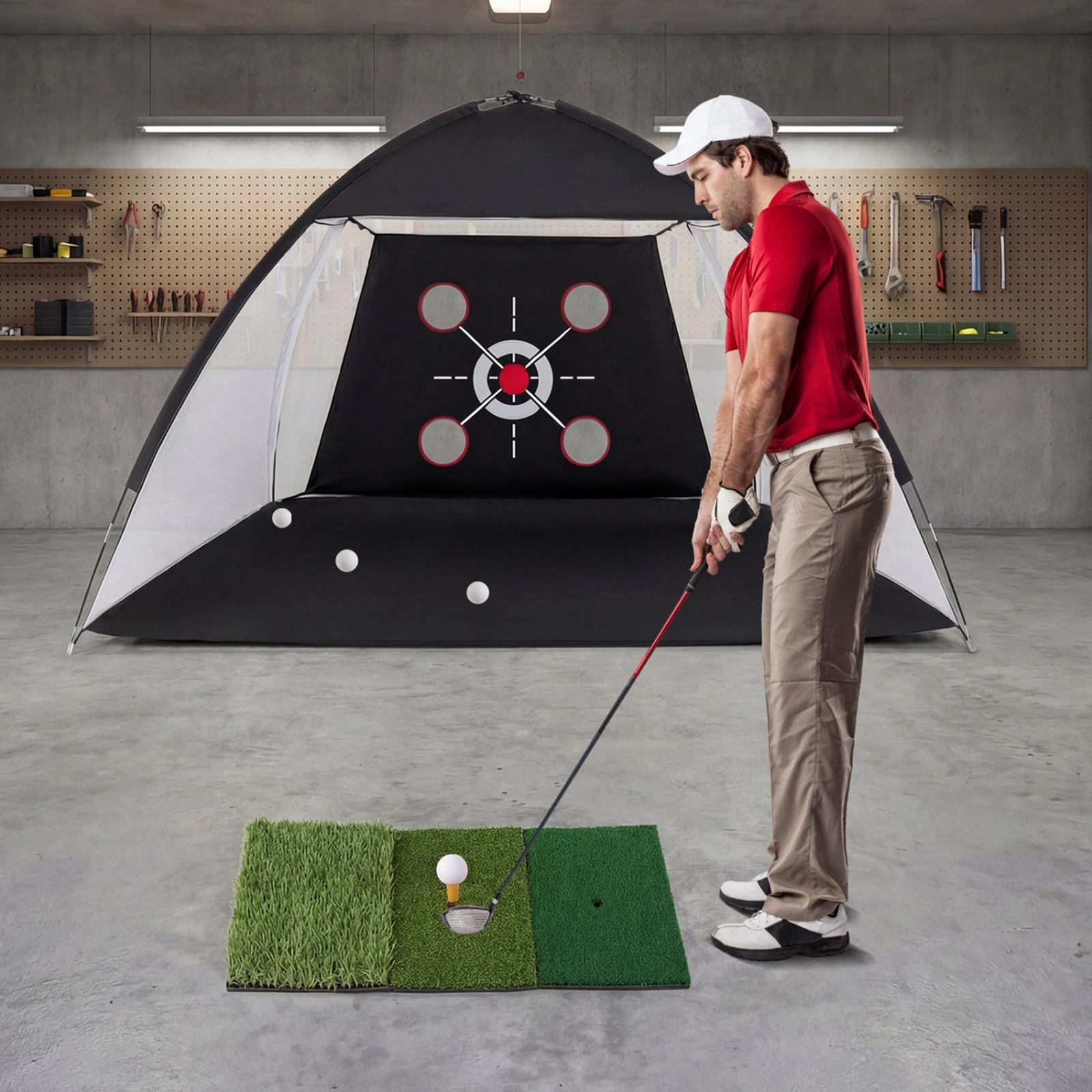 10.3-ft x 6.5-ft Golf Practice Net Foldable Tri-Turf Hitting Mat Target Zones 4 Ground Stakes Carry Bag Black