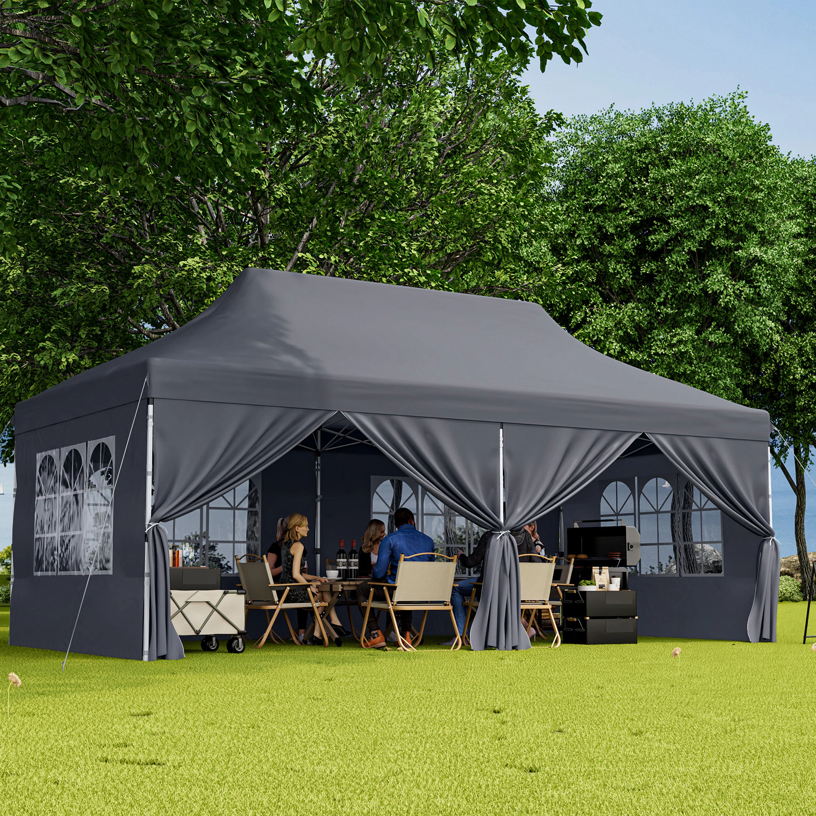 SUGIFT Gray 10-ft by 20-ft 3-Level UPF50+ 210D Oxford Pop Up Canopy Tent with 6 Sidewalls and Windows