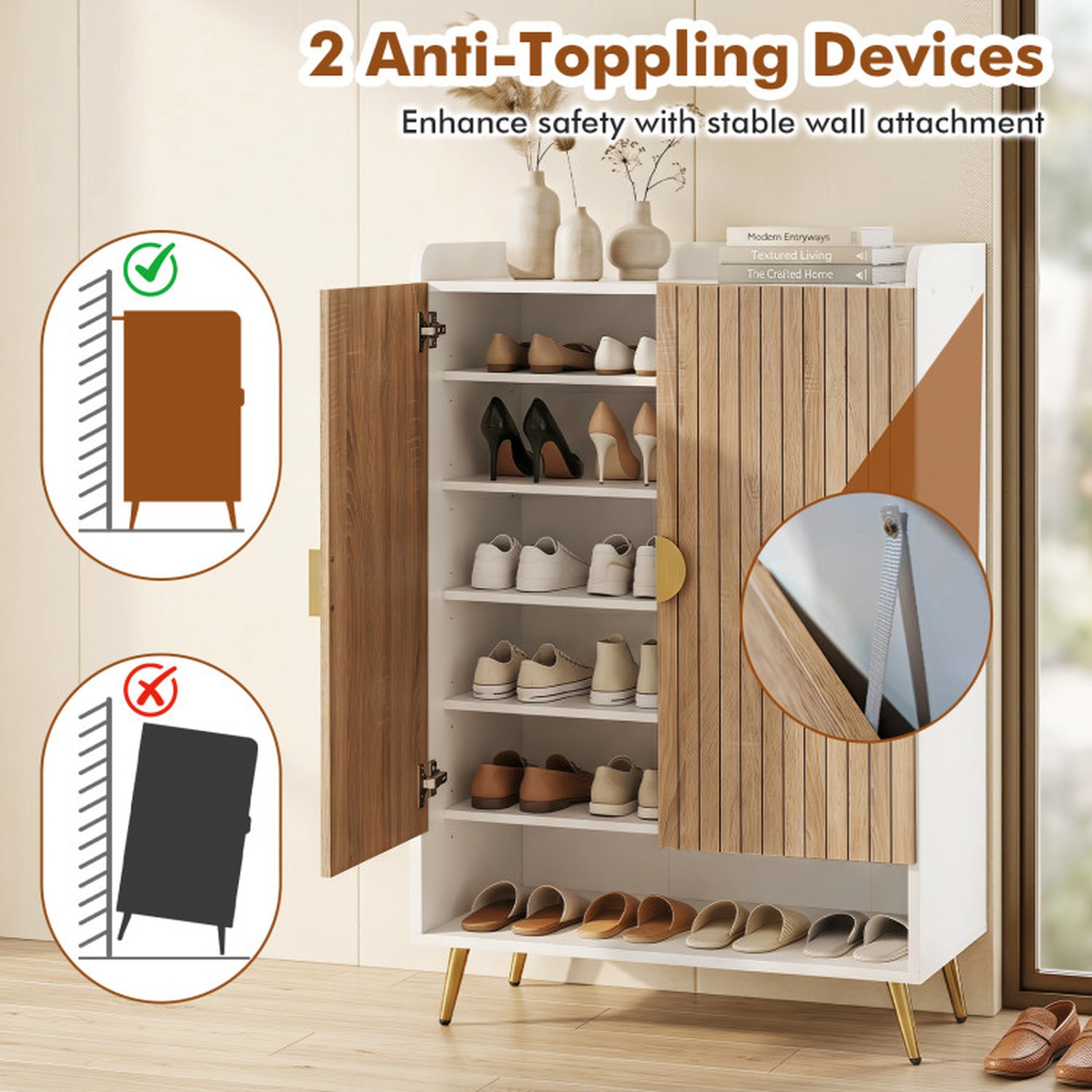 SUGIFT 44-in Tall Shoe Storage Cabinet with 7-Tier Doors and Adjustable Shelves 110-lb Capacity Natural