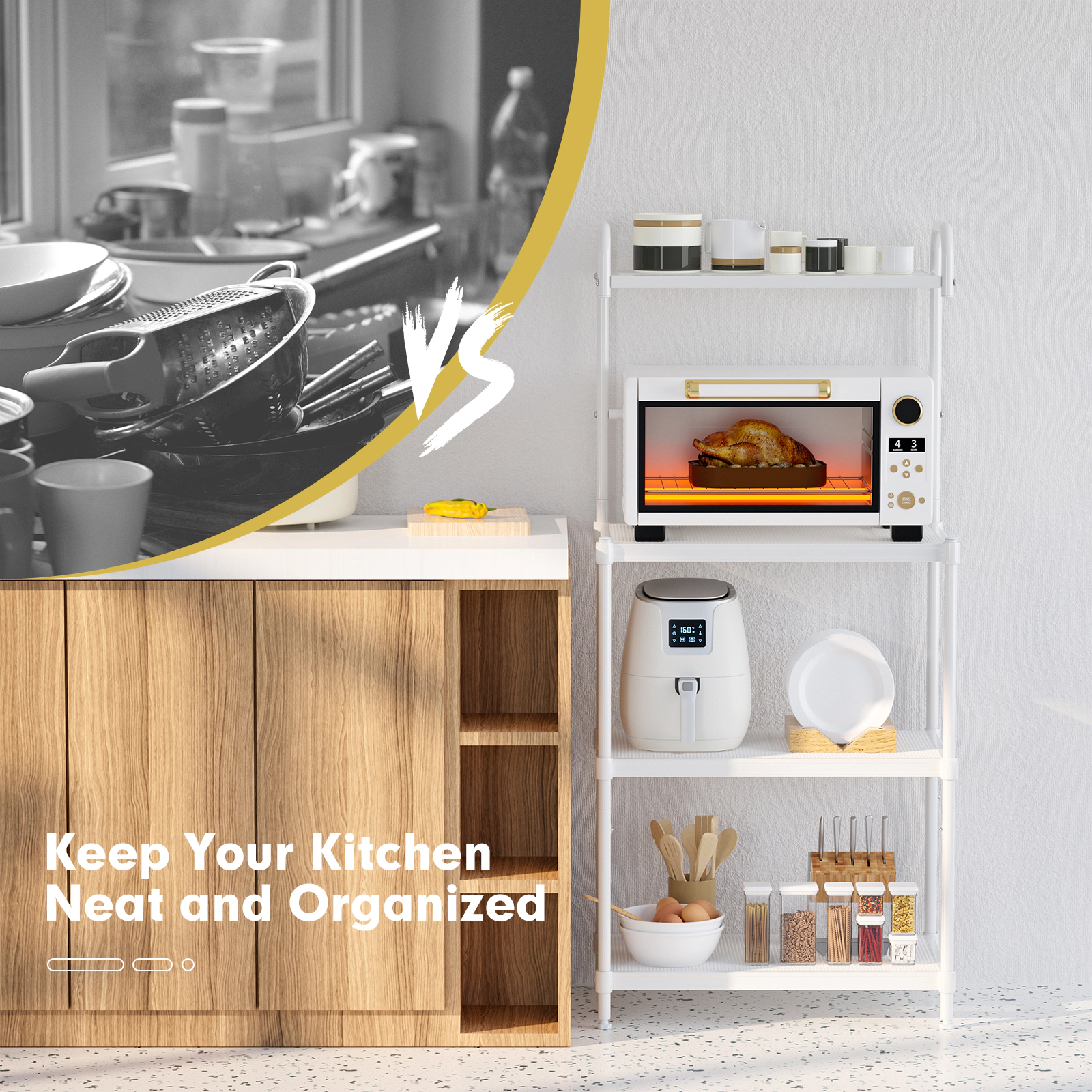 SUGIFT 4-Tier Kitchen Storage Baker Rack White with Mesh Wire Shelves and Hanging Bar