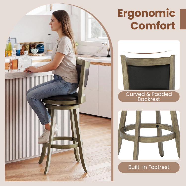 Hivvago 2 Pieces 29 Inch Wooden Swivel Height Bar Stool With Pvc Cushioned Seat