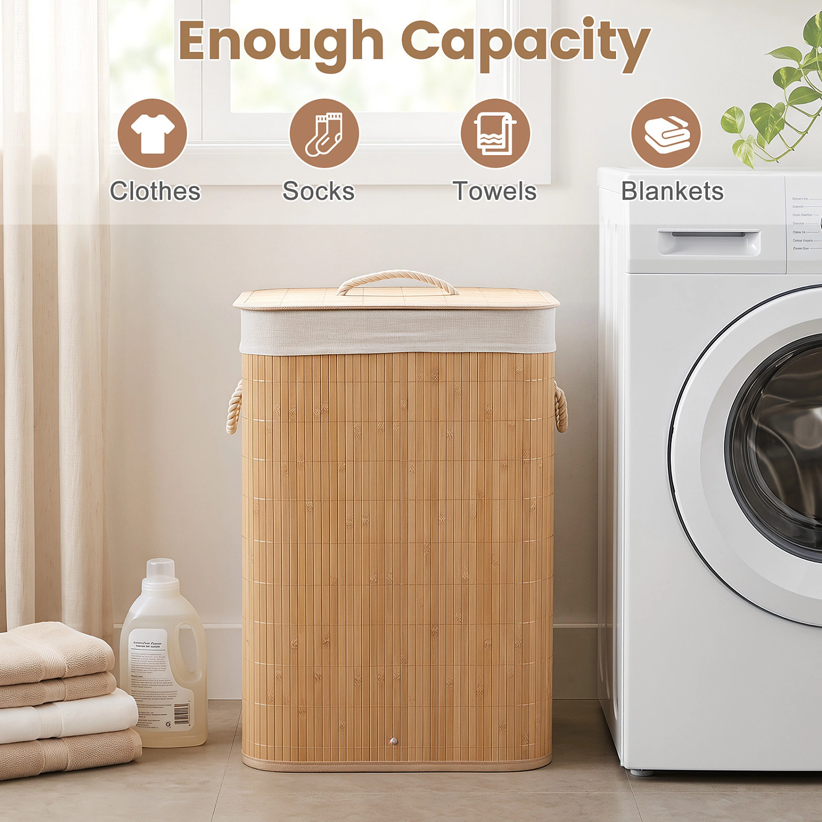 SUGIFT 19-Gallon Natural Bamboo Laundry Hamper with Removable Washable Liner and Carry Handles