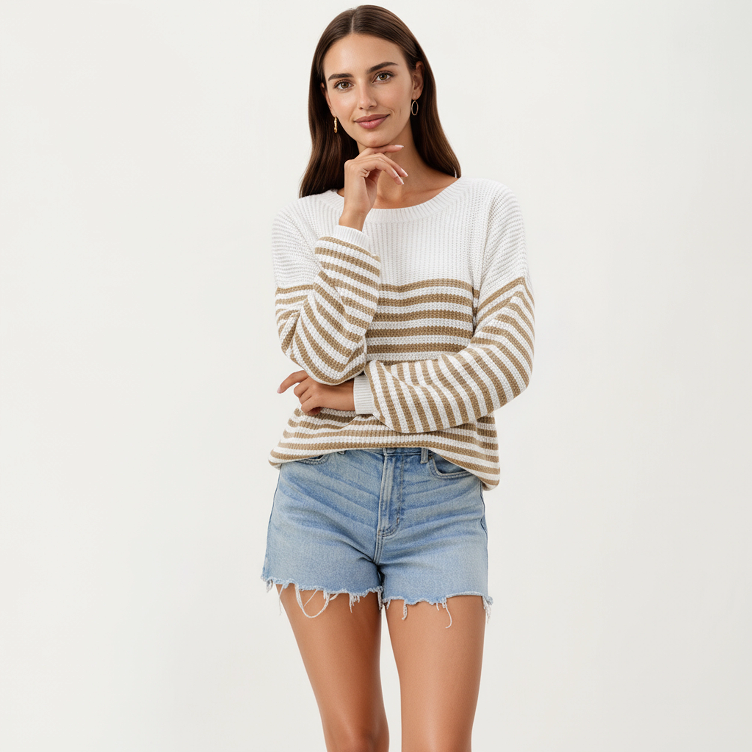 Anna-Kaci Women's Striped Knit Pullover Sweater with Relaxed Fit and Ribbed Hem