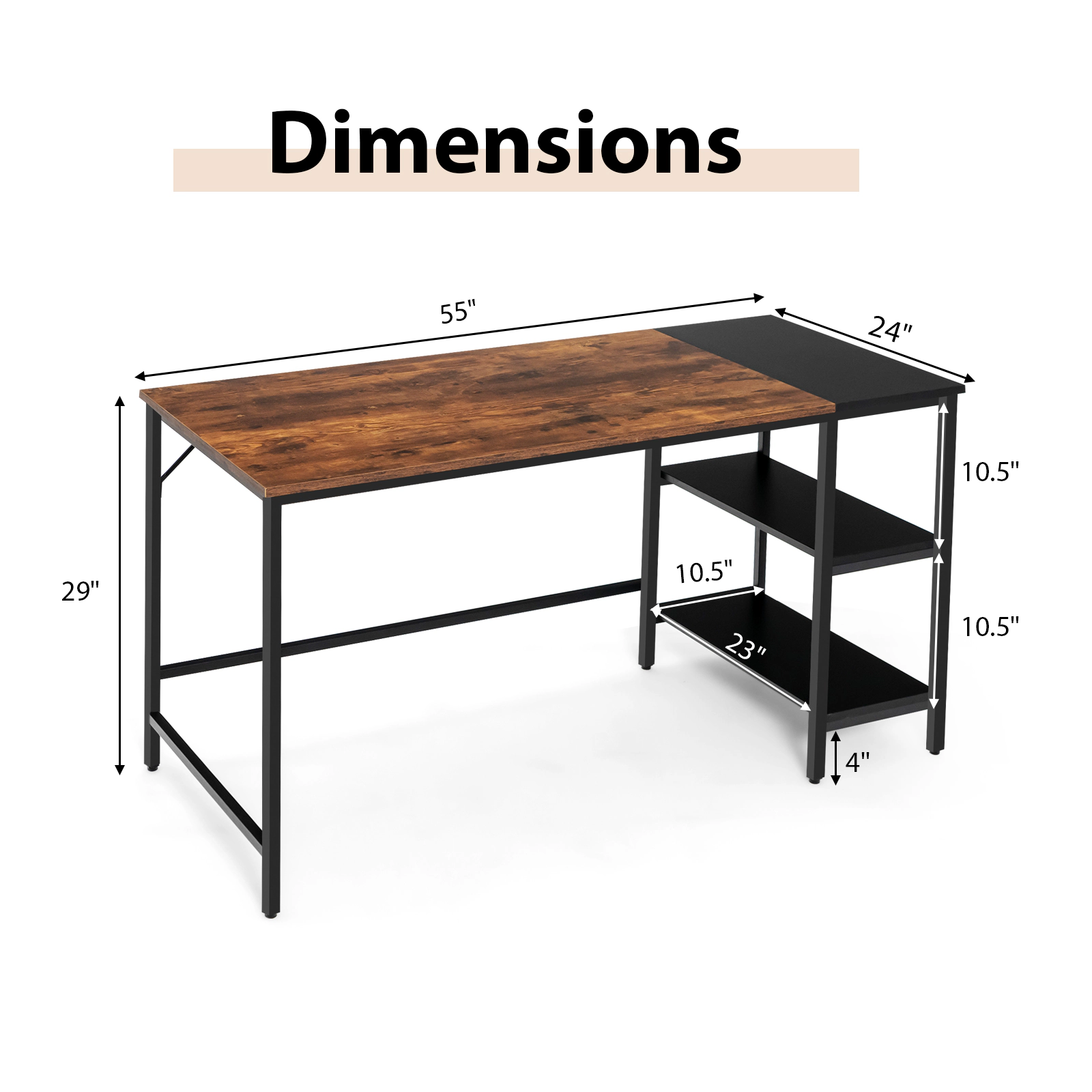 SUGIFT 55-in Modern Industrial Study Writing Desk with 2 Storage Shelves 255-lb Desktop Capacity Rustic Brown Black