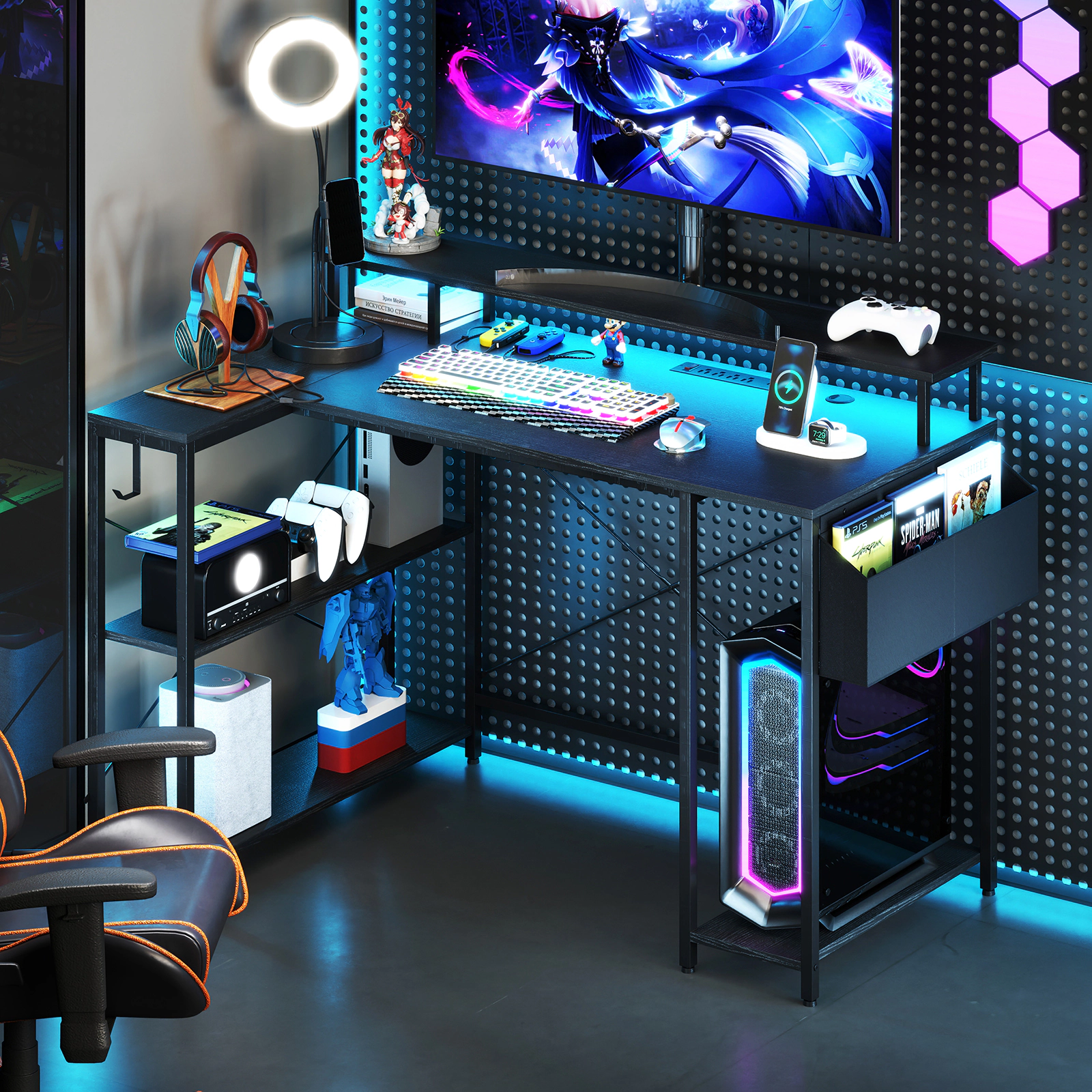 LJG L-Shaped Gaming Desk with LED Lights and Power Outlets