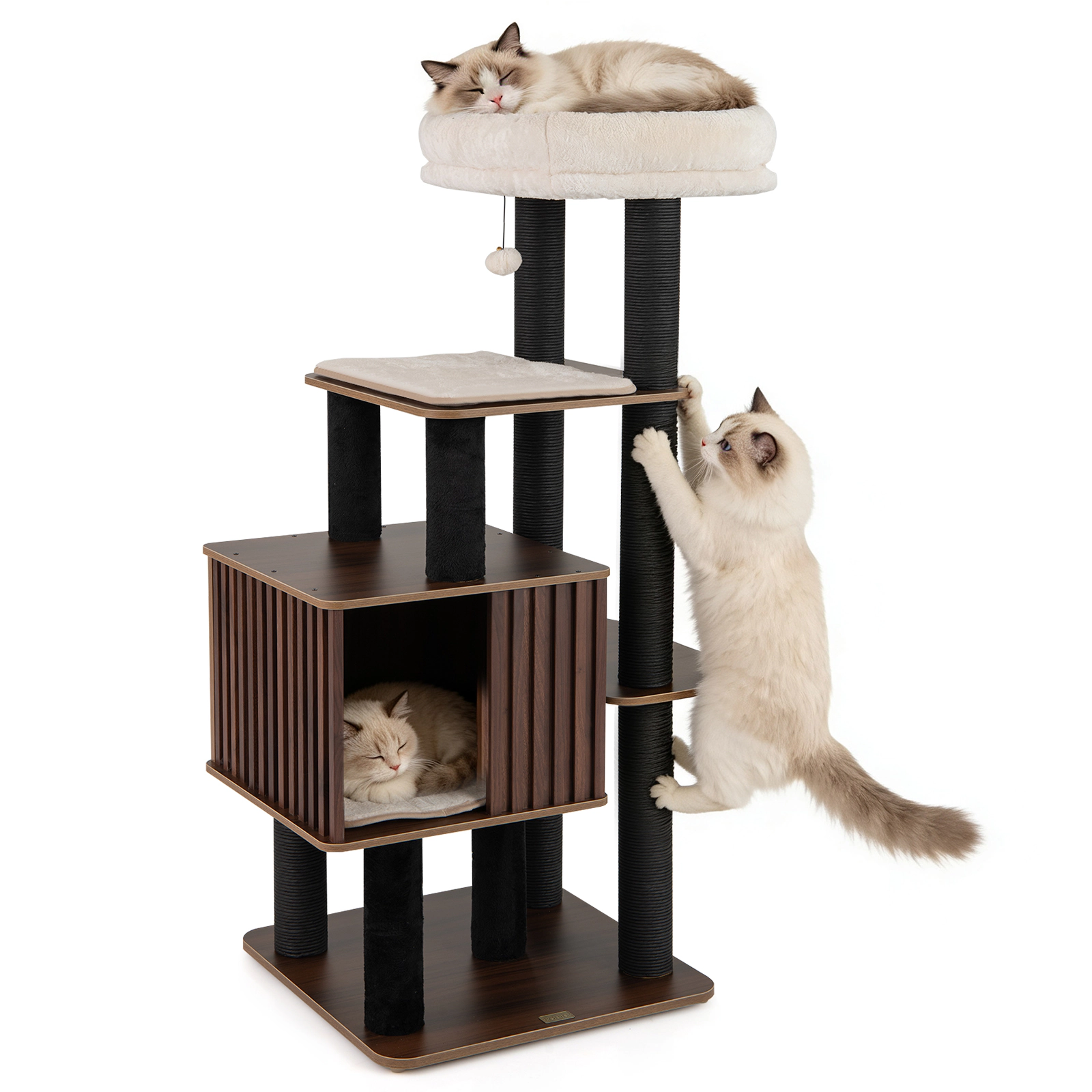 SUGIFT 53.5-in Brown Wooden Cat Tree Tower with 19-in Square Condo 21.5-in Top Perch and Soft Padding