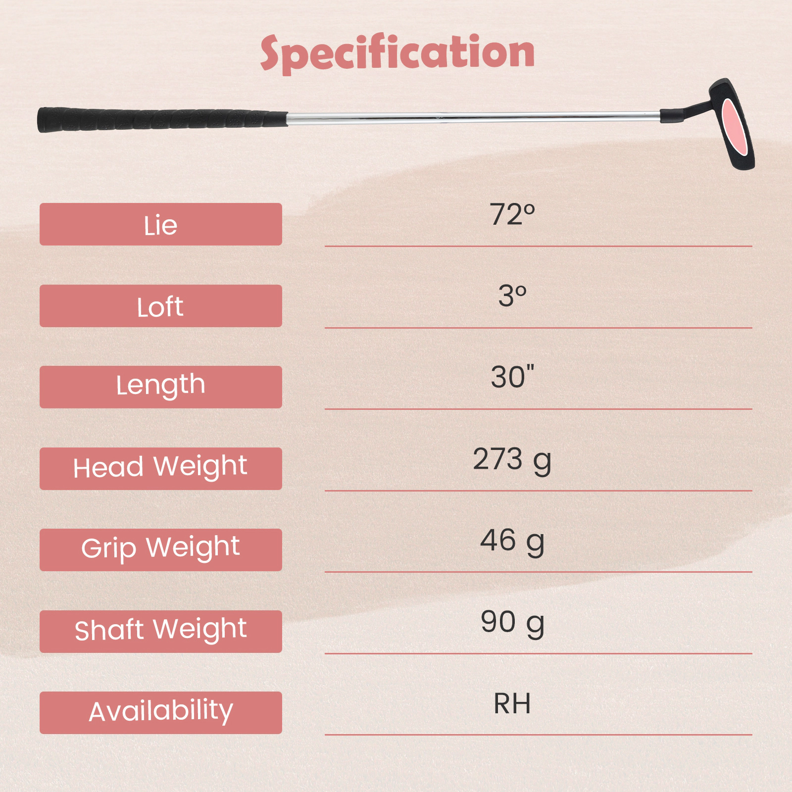 30-in Junior Mallet Putter for Kids Ages 11-14 Zinc Alloy Head Alignment Aid Steel Shaft Right Handed Pink