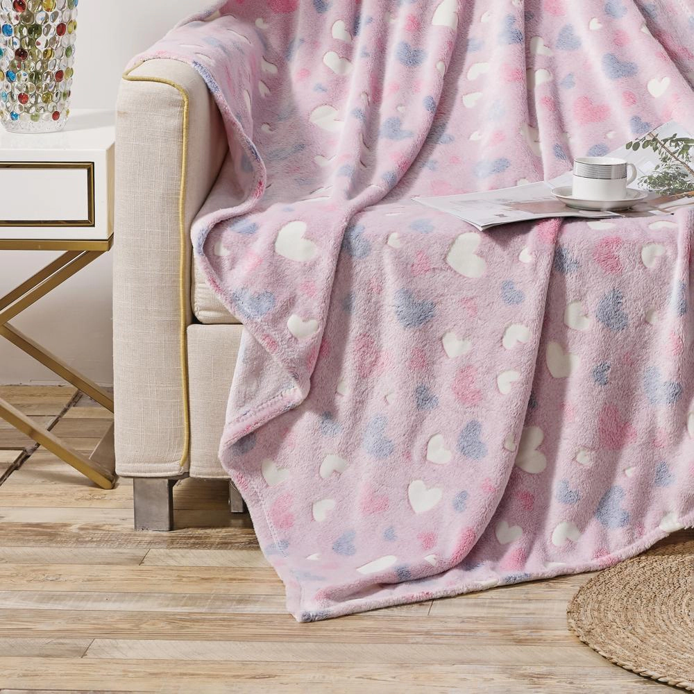 Plazatex Pink Hearts Soft & Cozy Glow in the Dark Throw Blanket Ideal for Bedroom & Living Room Decor 50"x60" Pink