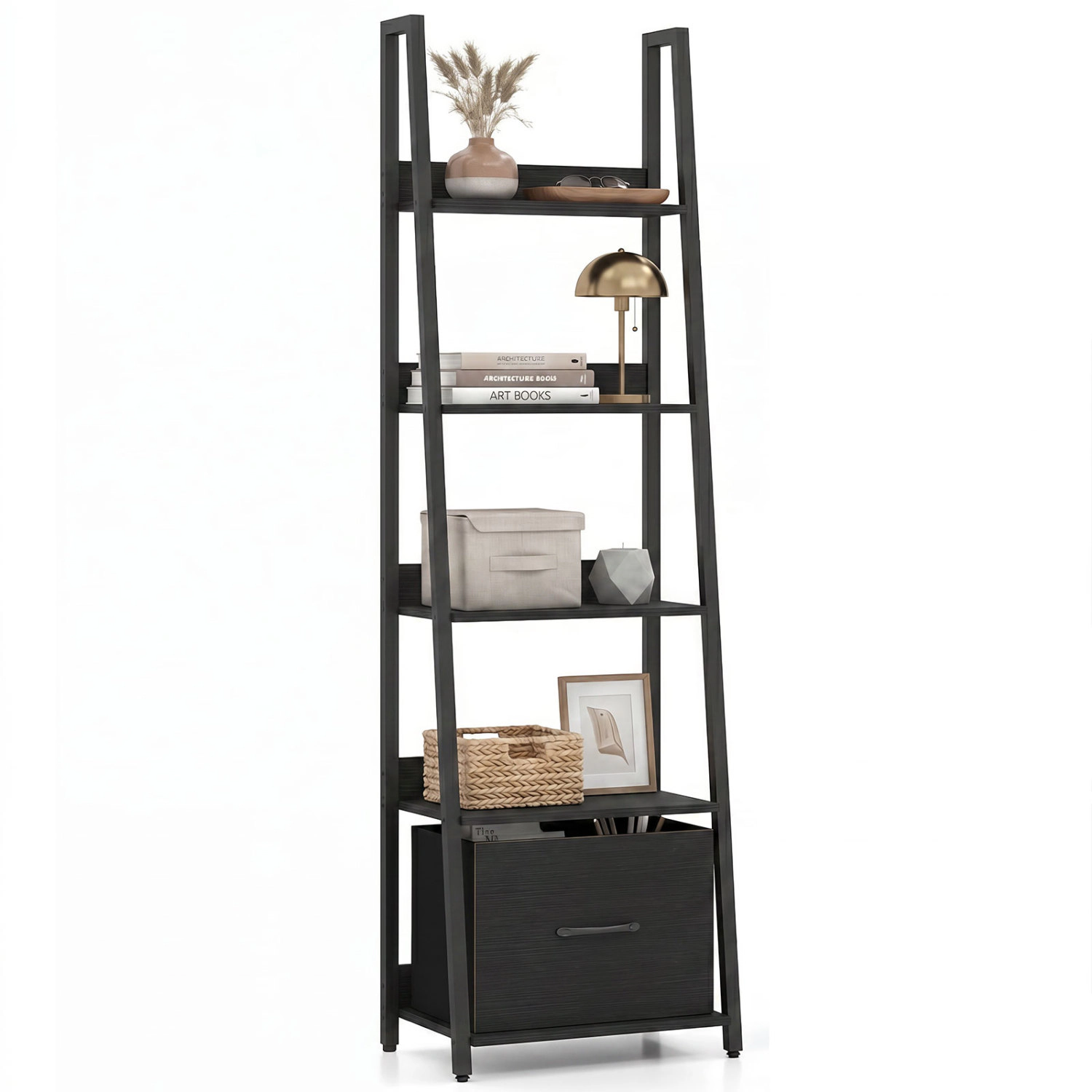 LJG 5-Tier Ladder Bookshelf with Fabric Drawer for Living Room and Home Office