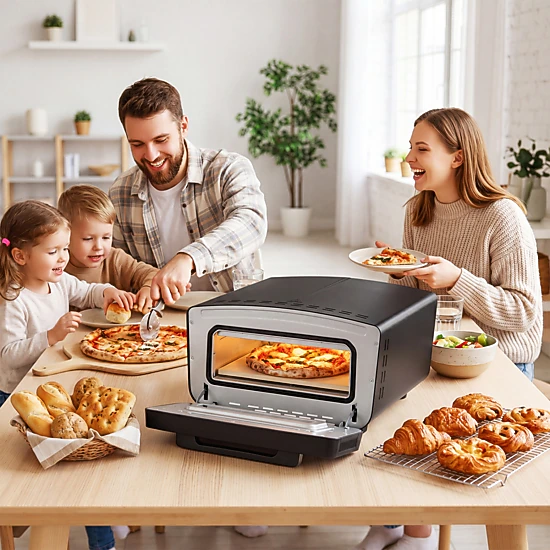 SUGIFT Dual Heating Zone Indoor Electric Pizza Oven 1700W 850 F Max 8 Presets 12.5-in Stone for 12-in Pizzas Black