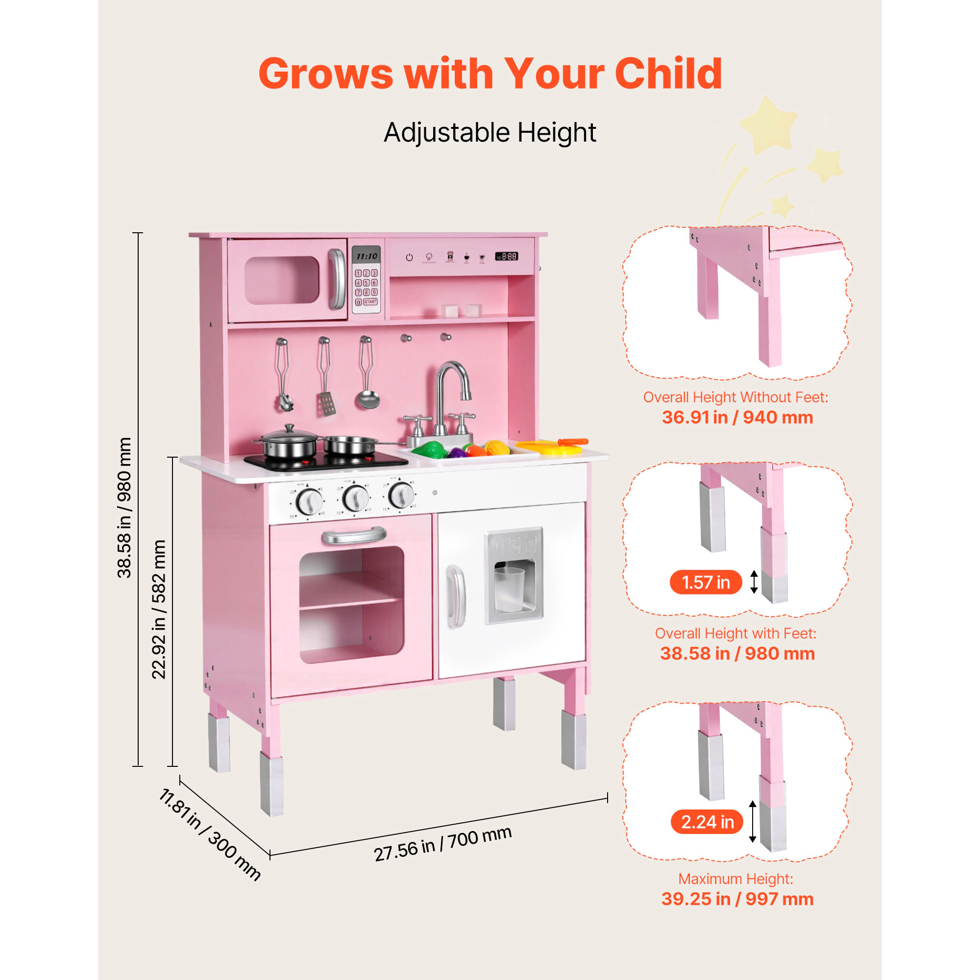 HONGGE Play Kitchen for Kids, Wooden, Kids Playset with Real Lights & Sounds, Food Cookware