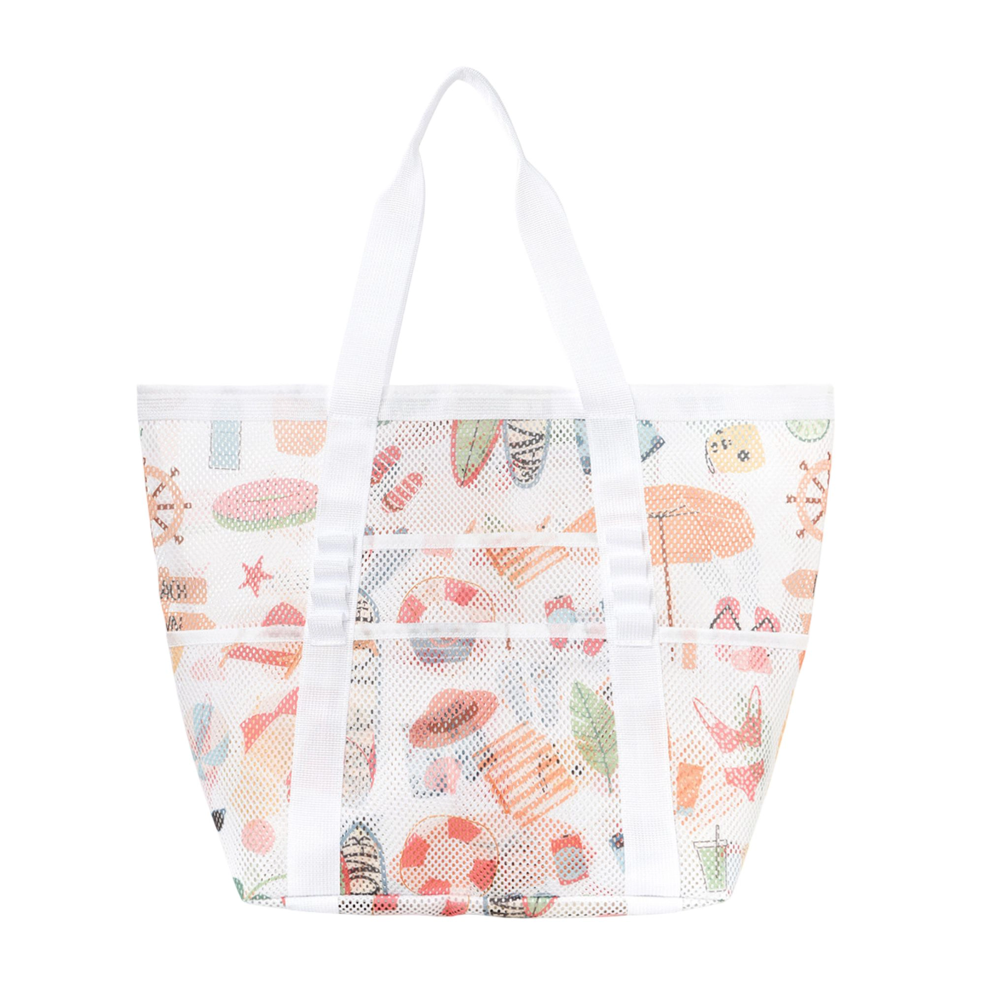 Alilang Women's Mesh Beach Tote Bag with Themed Print and Shoulder Handles, Multicolored-C