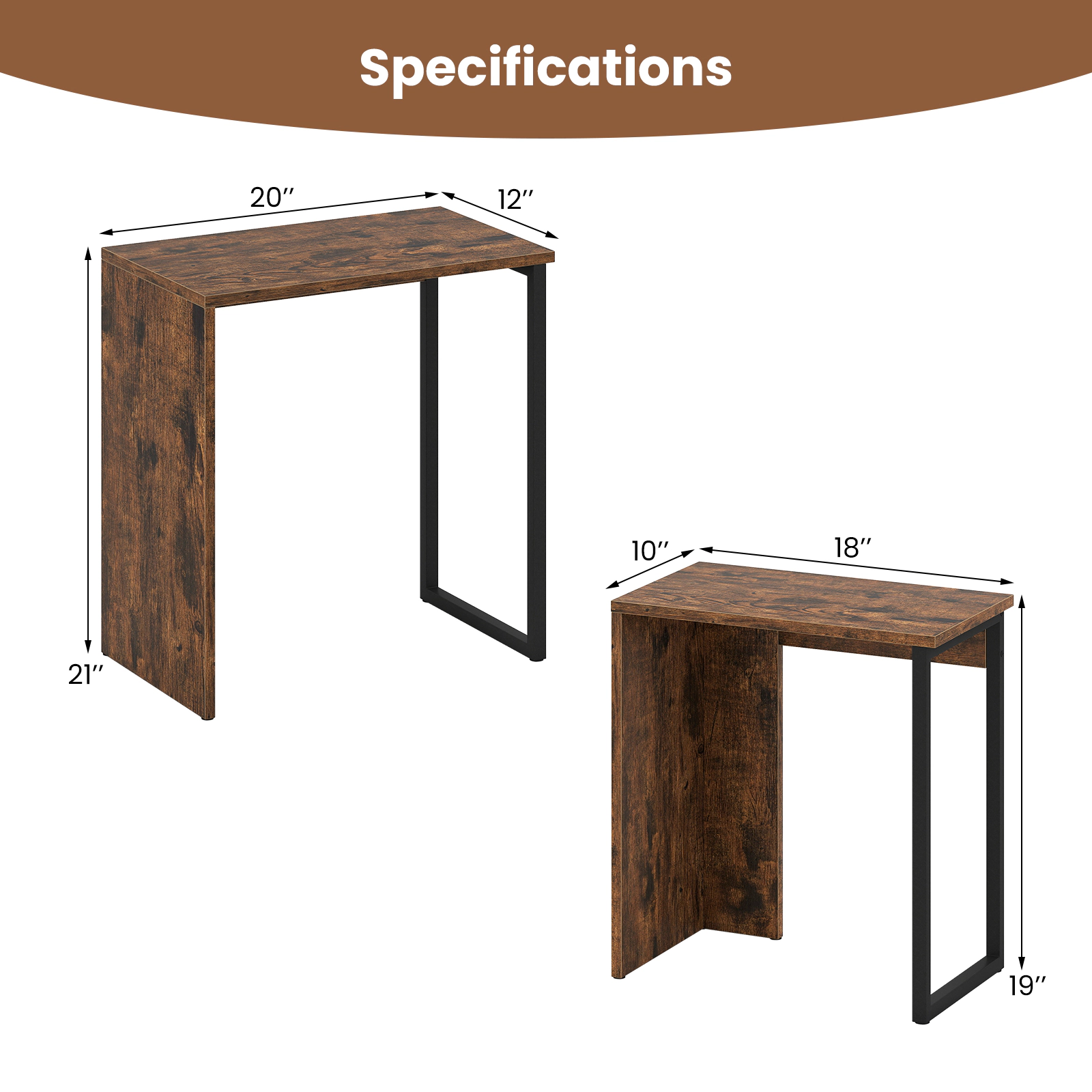 Glintex 2-Piece Nesting Side Table Set with Metal Frames and Wood-Grain Tops, Rustic Brown
