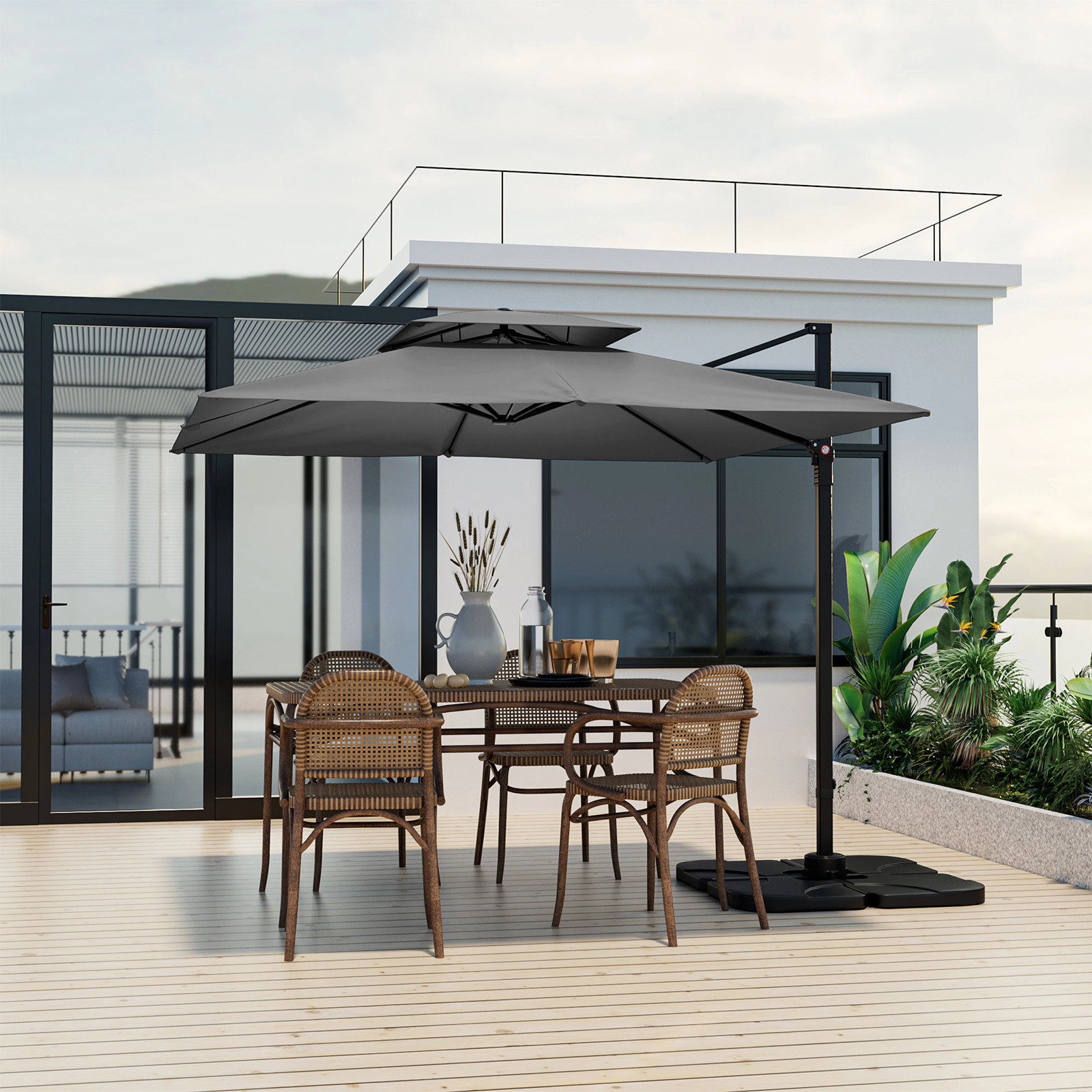 SUGIFT 9.5-ft Gray Offset Cantilever Patio Umbrella with Foot Pedal, 360-Degree Rotation and Vented Double Top
