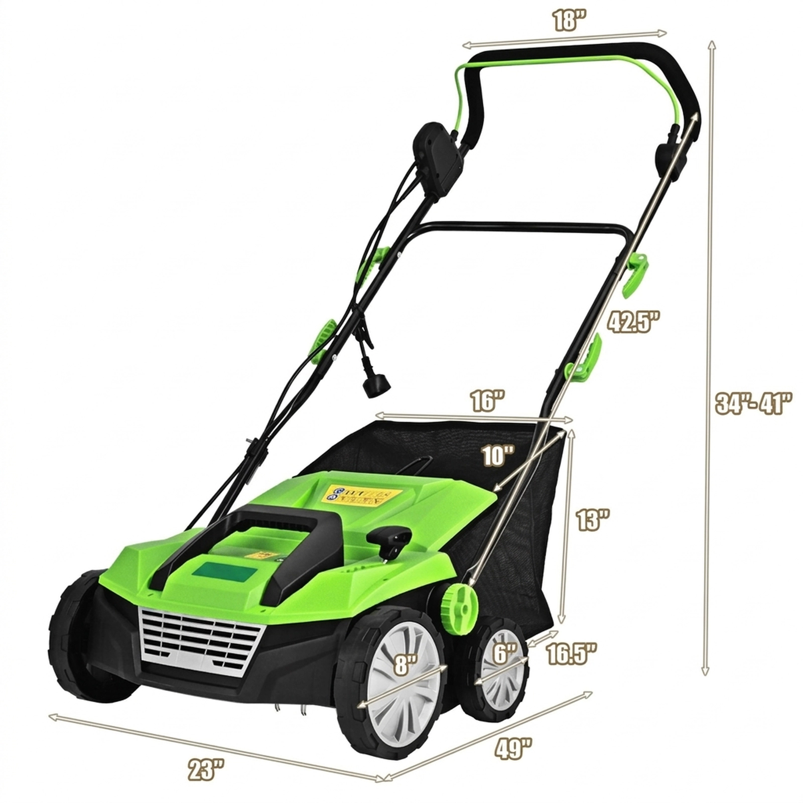 SUGIFT 4-Position Adjustable 15-in 13 Amp Electric Scarifier with 50L Collection Bag and Removable Blades Green/Orange