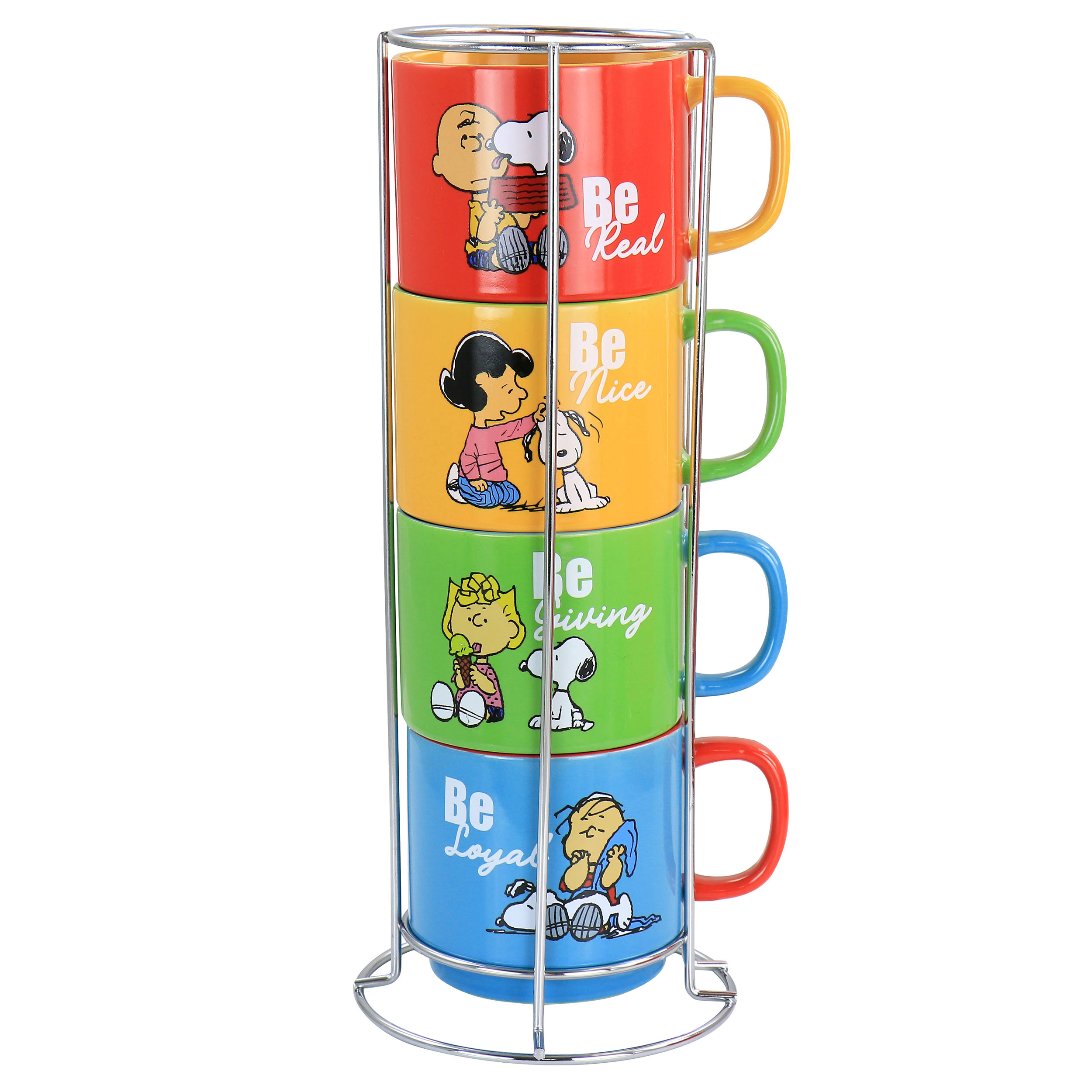 Gibson Peanuts Classic Gentle Reminders Collection 4 Piece Stoneware Stackable Mug Set with Metal Stand