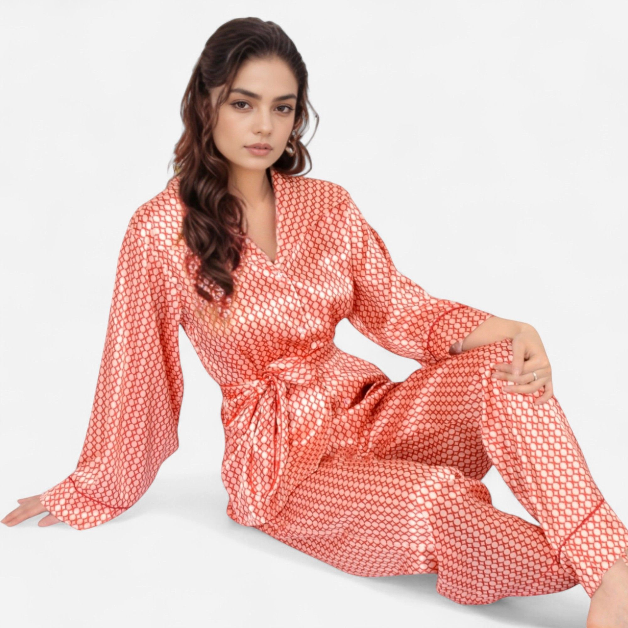 Anna-Kaci Women's Printed Satin Pajama Set Long Sleeve Wrap Top Self-Tie Waist and Full-Length Relaxed Fit Lounge Pants